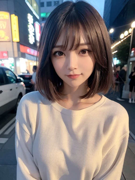 masterpiece, highest quality, High resolution,alone,Brown,artistic,Best lighting,Casual clothing,Flat Chest,Beautiful Face,expensive,smile,light makeup,Age 24,Calm woman,Detailed Hair,Laughing woman,Face Focus,Bob Cut Hair,Vibrant colors,Thin eyebrows,Woman wearing a jacket,outside,night,Background Bokashi,illumination,Low exposure,Office Casual,whole body