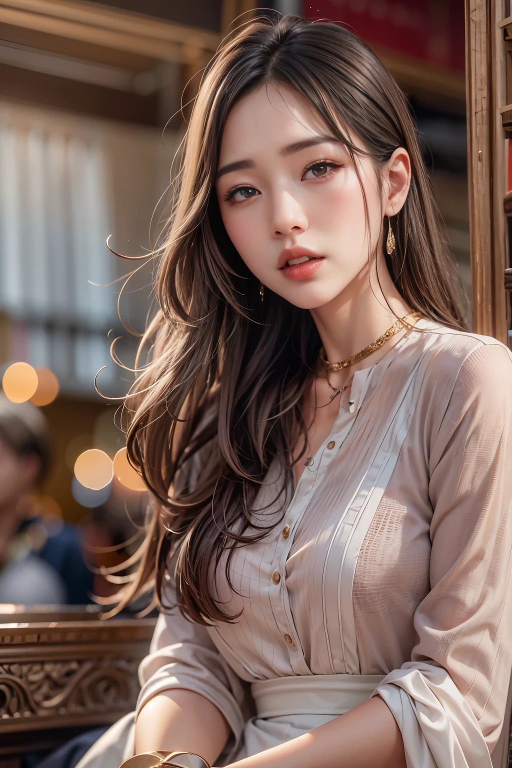 リアルな写真 (かわいい韓国の女優) ストレートロングヘア, 薄化粧,  大きくてしっかりした揺れるバスト, ロングドレス, 近い, キヤノンEOS 8Kの高解像度で顔の特徴を鮮明に捉える, シャープなディテール, 現実的に, ,