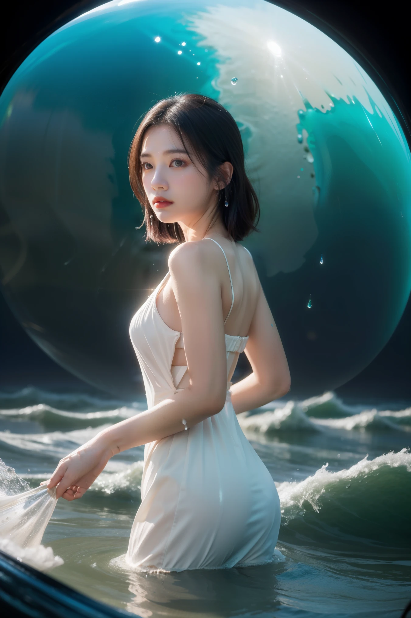 best quality, masterpiece, realistic, adult female, messy [updo|hanging] hair, (full body:0.6), solo, (full body:0.6), looking down, detailed background, detailed face, Sc3pt4, scifi theme:1.1), mercury-wizard, melancholic, surrounded by waves of iridescent silver, alchemical imagery, reflections, silver-colored fluid, metallic sheen, shiny, dynamic pose, fluid movement, floating particles, droplets of mercury, flowing metal, blending mercury, foreign planet in background, dripping mercury formations, volumetric lighting, cinematic atmosphere, sharp details, high detail skin, realistic skin texture, perfect eyes, white dress,