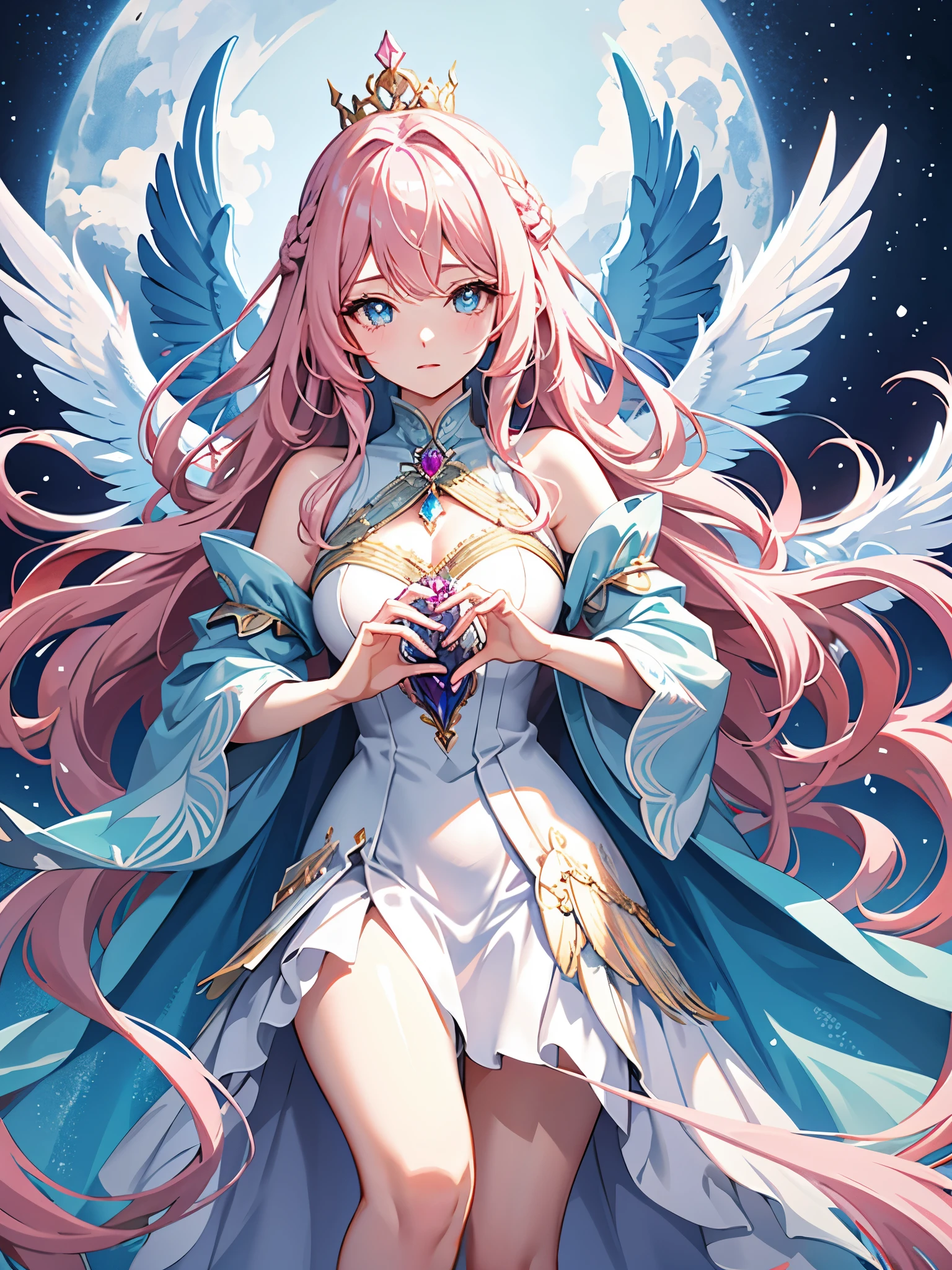 in a world of  and snow，a  queen，She has pink and blue wavy hair and eyes，There are huge phoenix blue wings on the back，conservativelydressed，The gaze is cold，one hand holding sword（One man only）