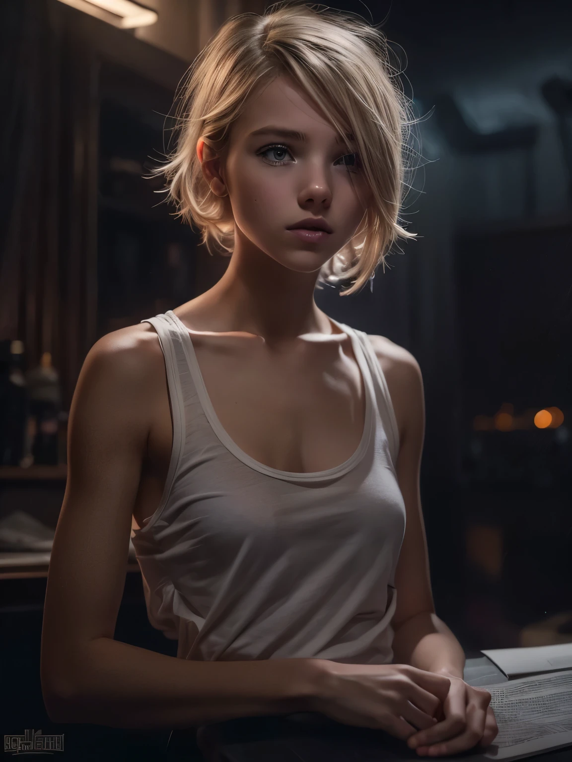 1 young girl, blonde hair, very small breasts, flat chested, runners skinny body, 18yo (best quality:1) , (masterpiece:1), (ultra detailed:1), photorealism, upper body, (looking at viewer:1.1), (indoors, night, darkness, dark room:1.2) side on, short hair, atmospheric lighting, moody and gritty, low key lighting