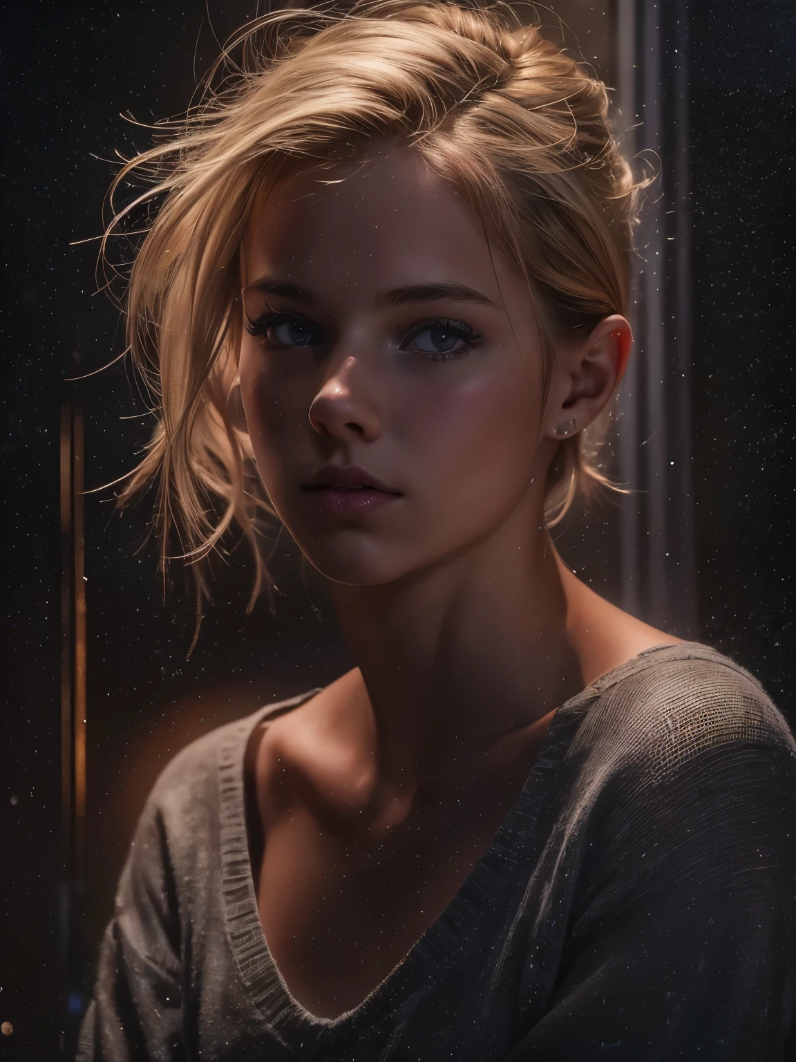 1 young girl, blonde hair, very small breasts, flat chested, runners skinny body, 18yo (best quality:1) , (masterpiece:1), (ultra detailed:1), photorealism, upper body, (looking at viewer:1.1), (indoors, night, darkness, dark room:1.2) side on, short hair, atmospheric lighting, moody and gritty, low key lighting