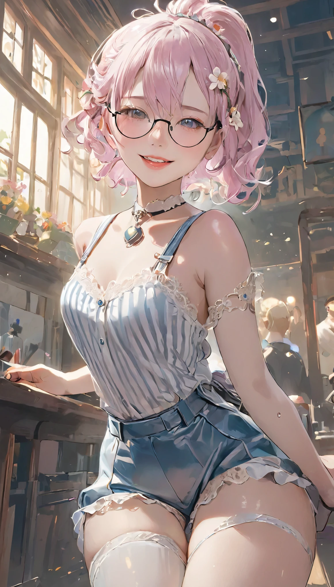 1 girl，銀colorのショートヘア，Beautiful Face，Exquisite makeup，Small freckles，Pearl Necklace，black suspender skirt，shoulder，White hair growing on the arm、Close-up of run away wearing white mask, Beautiful character drawings, Switzerland, Gurvitz-style artwork, White-haired God, author：Yang Jie, Magnificent and beautiful character art, Amazing character art, author：Fan Chi, By Wujun Shifan, pixiv art street Guviz, Single Ponytail, insult, High Ponytail, tall and large, Long legs, (Sleeveless lace shirt), (Shorts), (Striped )), ((Striped )), walk, elegant, Dignified, run away, Beautiful curves, Cute Smile, Attention to detail and layers, color丰富绚丽, It has a unique texture, rich and colorful, color, Vivid, Design Art, 16k, Very detailed, {{shape}}, {Very sophisticated}, {Sophisticated surface treatment}, Very detailed, Delicate and shining eyes, {{Light}}, 极致Light效果, model: realism, CFG size: 12, roller: Bright texture (1.35), high quality, masterpiece, Exquisite facial features, Delicate depiction of hair, Detailed depiction of the eyes, masterpiece, 最high quality, Light線追蹤, Very detailedな CG 統合 8k 壁紙, masterpiece, 最high quality, (1 girl), 完美run away身材, (((Skinny White T-Shirt))), Beautiful Eyes, (Delicate face), Short black hair, Tying up hair, Light blue hairpin, black silk frame glasses, in class, (White skin), (Optimal Lighting), (Extremely exquisite details), 4K Unity, (Very detailed CG), Showing off her white legs, , hot pants, Shorts,性感Long legs, Tight waist, Sweat runs down my waist, Show me your belly, Very detailedな描写, Pink Hair, Asymmetrical bangs, Transparent clothes, Place your hands on your thighs, 把目Light移開, 8K resolution, Please raise your eyebrows, Shiny Hair, Flower head, Wristband, bandage，leather
