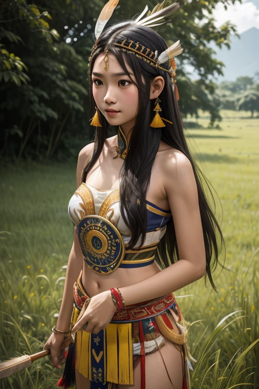 16 ans, jeune fille indonésienne chinoise, longs cheveux noirs, joli visage, beaux seins, peau blanche, Porter des vêtements traditionnels Dayak sans bretelles avec décoration en plumes d&#39;oiseaux sur la tête dansant dans un champ d&#39;herbe 
