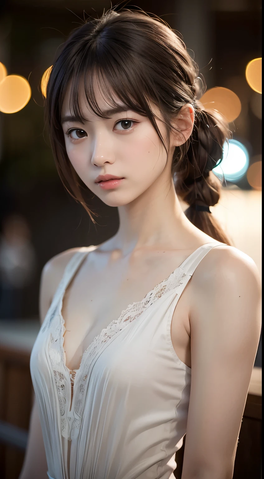 1 woman, twin tail, air bang, worried face, (She looks like she&#39;s about to cry:1.3), (flat chest:1.6), (The skin is white and the body is very thin.:1.3), My personality is gentle and weak., (best quality:1.4), (ultra high quality), (very detailed), (very detailed 아름다운 얼굴), amazing face and eyes, brown hair, brown eyes, Beautiful sheer lace, , real skin texture, very detailed CG 통합 8K 배경화면, (extremely realistic, realistic:1.37), RAW photos, professional photography, movie lights, looking at me, (((bokeh))), depth of field,