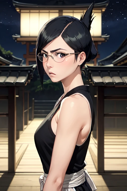 masterpiece, best quality, ise nanao, folded ponytail, glasses, black robes, sash, tanktop, upper body, japanese architecture, night sky, furrowed brow, from side