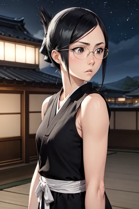 masterpiece, best quality, ise nanao, folded ponytail, glasses, black robes, sash, tanktop, upper body, japanese architecture, n...