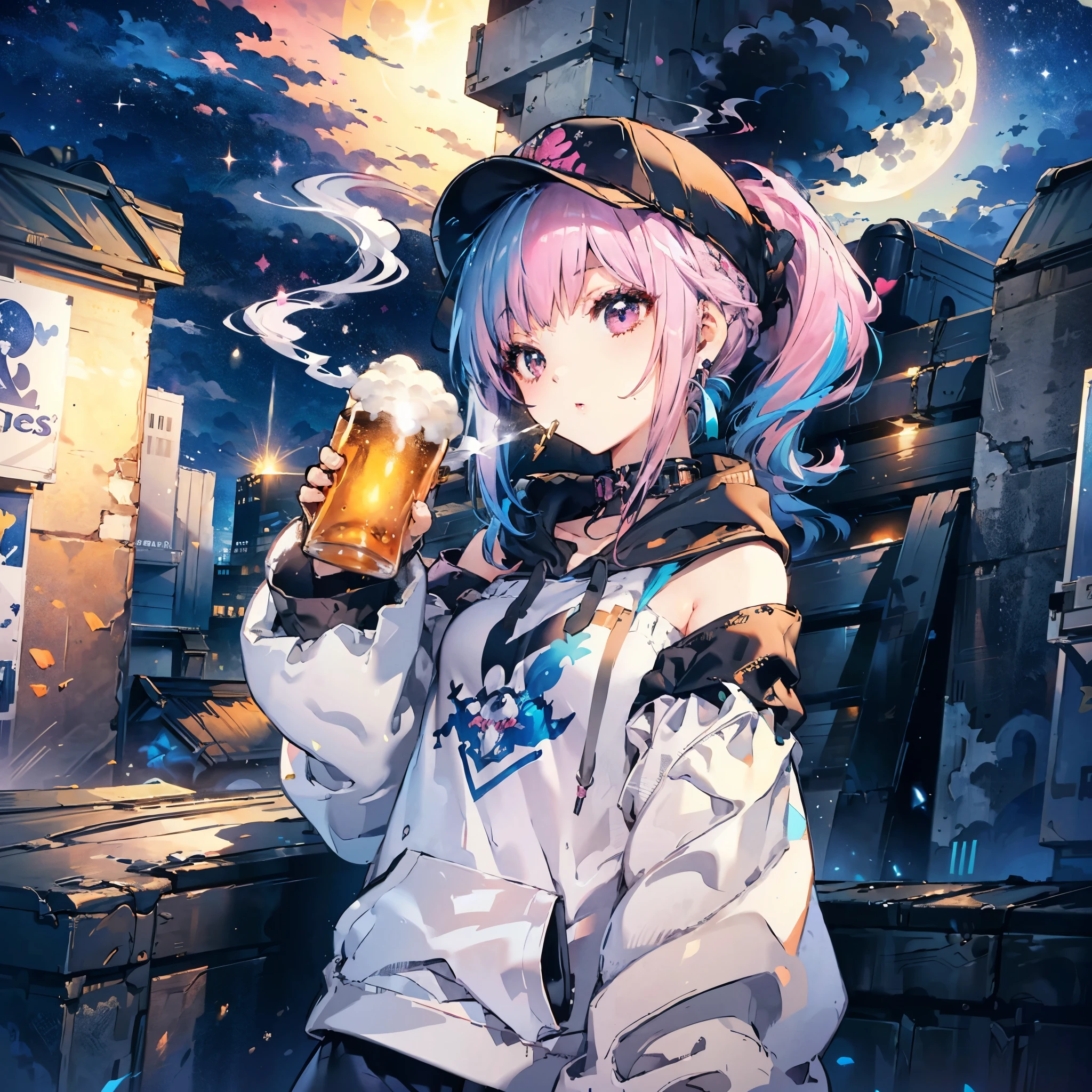 (((pink and blue hair　ponytail　Wear a cap　Off-the-shoulder hoodie)))　((cyber punk　Earrings　Smoking alone　Empty beer cans　Rooftop　Night City))　(Shining Moon　Shining Background)