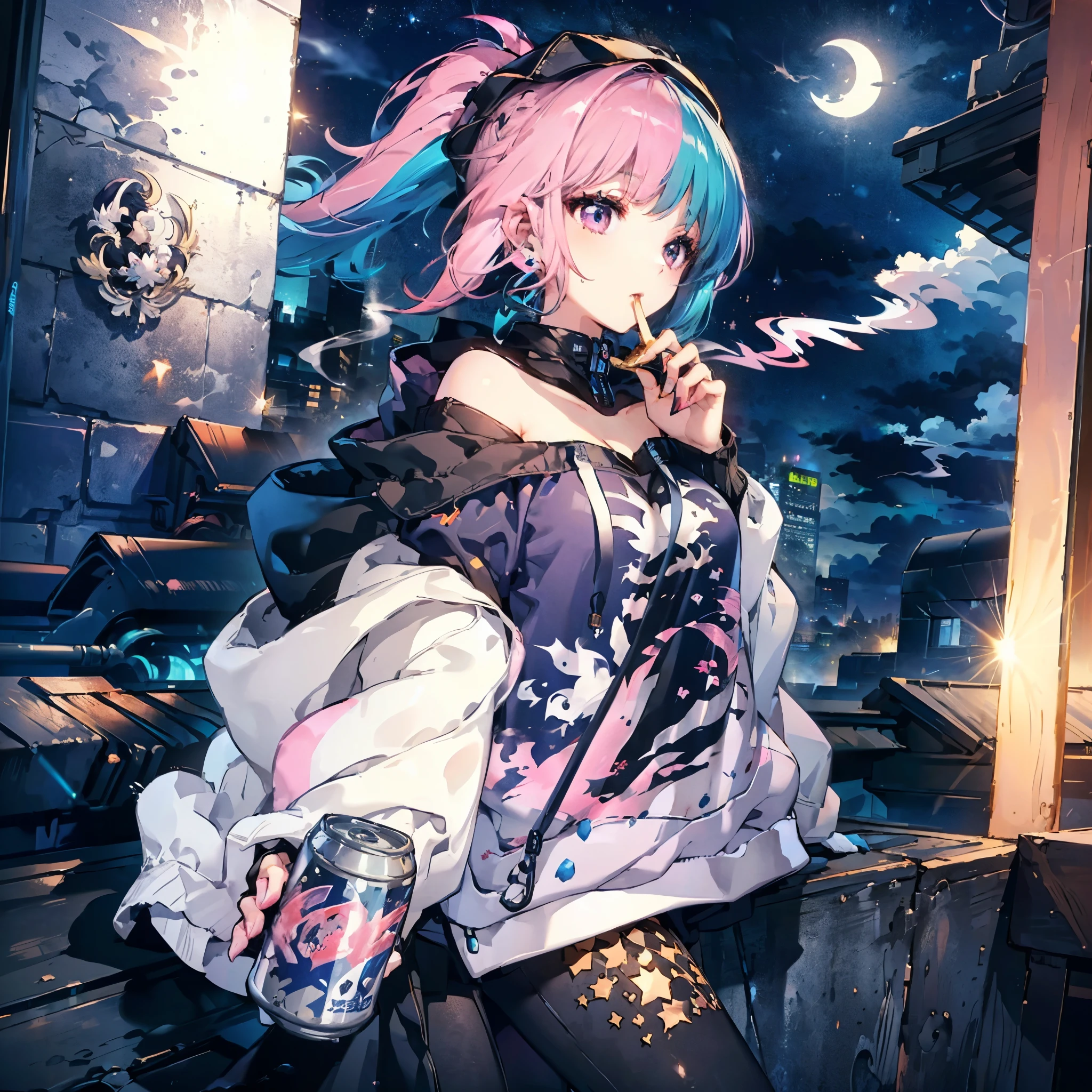 (((pink and blue hair　ponytail　Wear a cap　Off-the-shoulder hoodie)))　((cyber punk　Earrings　Smoking alone　Empty beer cans　Rooftop　Night City))　(Shining Moon　Shining Background)