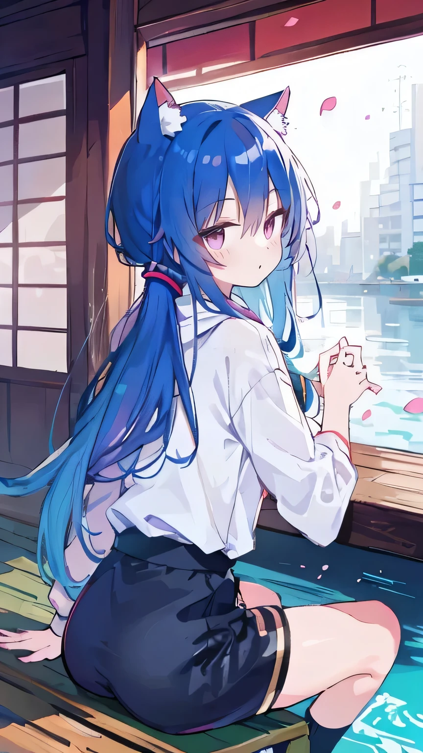 Anime girl sitting on a bench looking out a window - SeaArt AI