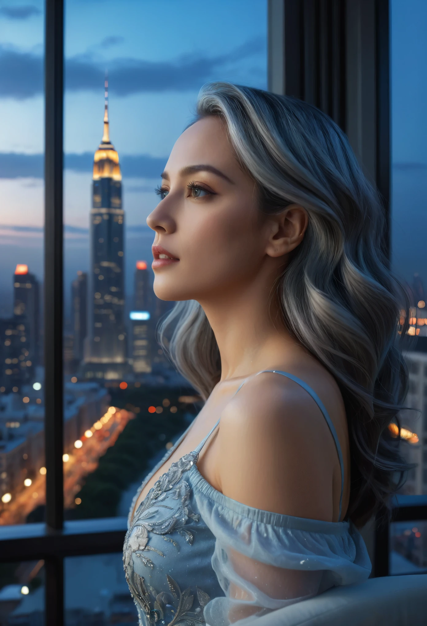 (best quality,4k,8k,highres,masterpiece:1.2),ultra-detailed,(Ultra-realistic, photorealistic,photo-realistic:1.37),a beautiful woman in a high-rise apartment, looking out the window at the night city skyline, her cyan eyes and bright gray hair framed by the city lights, a serene expression on her detailed, expressive face, dramatic lighting, (best quality,4k,8k,highres,masterpiece:1.2),ultra-detailed,(realistic,photorealistic,photo-realistic:1.37),portrait,cityscape,interior,window,city lights,highlights,dramatic lighting,cinematic