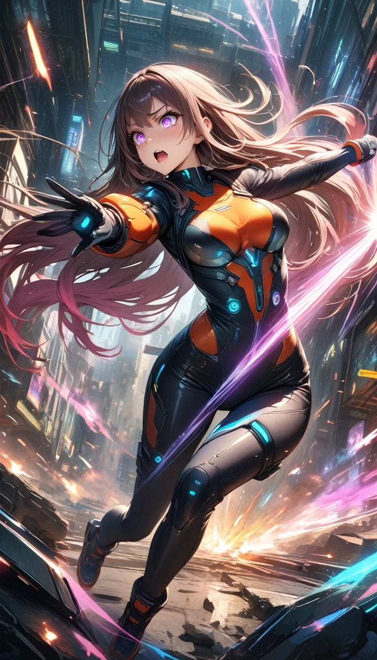 (masterpiece:1.4), (highest quality:1.4), (ultra detailed:1.5), best quality, hdr, High resolution, extremely detailed, A beautiful woman wearing a sleek body-hugging combat suit in a cyberpunk setting, beautiful face, (((detailed eyes))), She has striking features, intense expression, long flowing hair, gradient hair, intense combat pose, mid-leap, one leg extended forward and the other bent beneath her, with one arm outstretched, firing a high-tech weapon that emits a bright, colorful energy beam. Her other arm is positioned defensively. 
