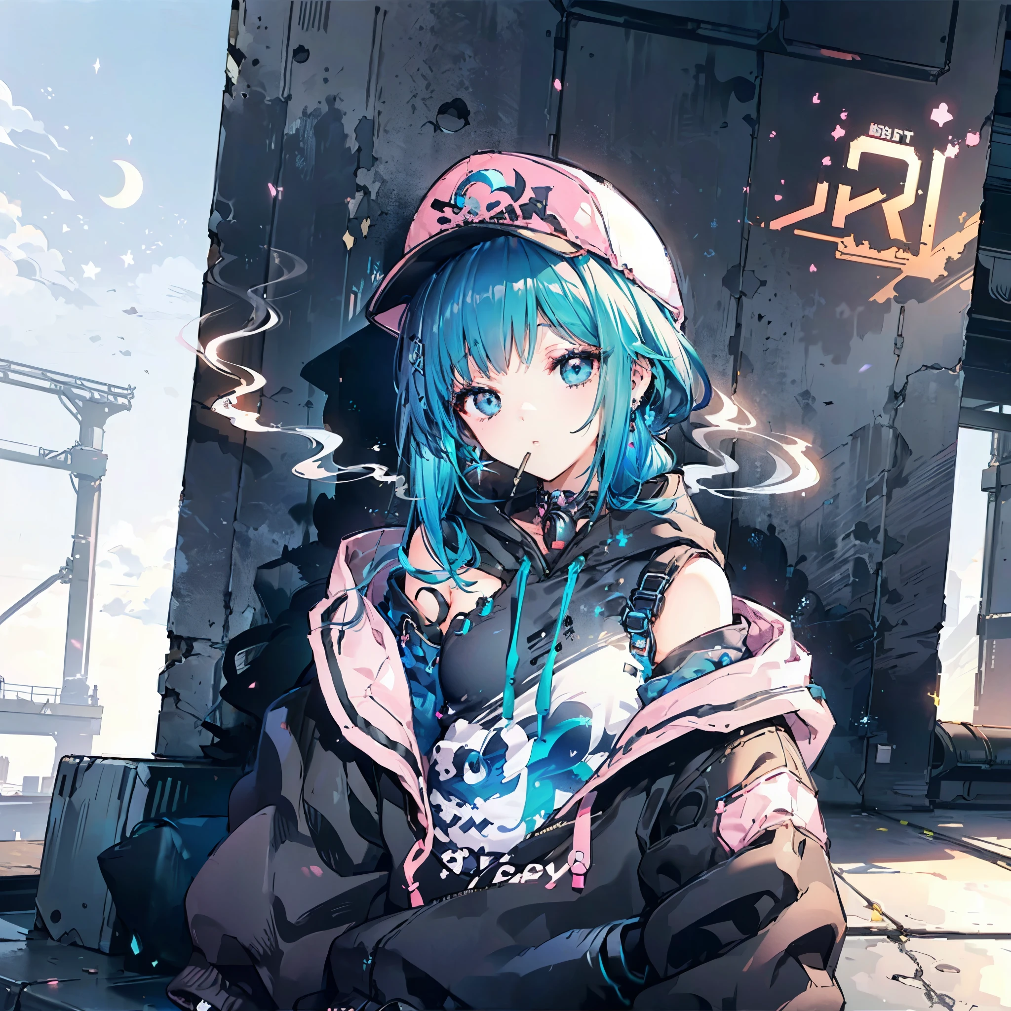 (((Neon color　pink and blue hair　ponytail　Wear a cap　Off-the-shoulder hoodie)))　((cyber punk　Earrings　Smoking alone　Empty beer cans　Rooftop　Night City))　(Shining Moon　Shining Background)