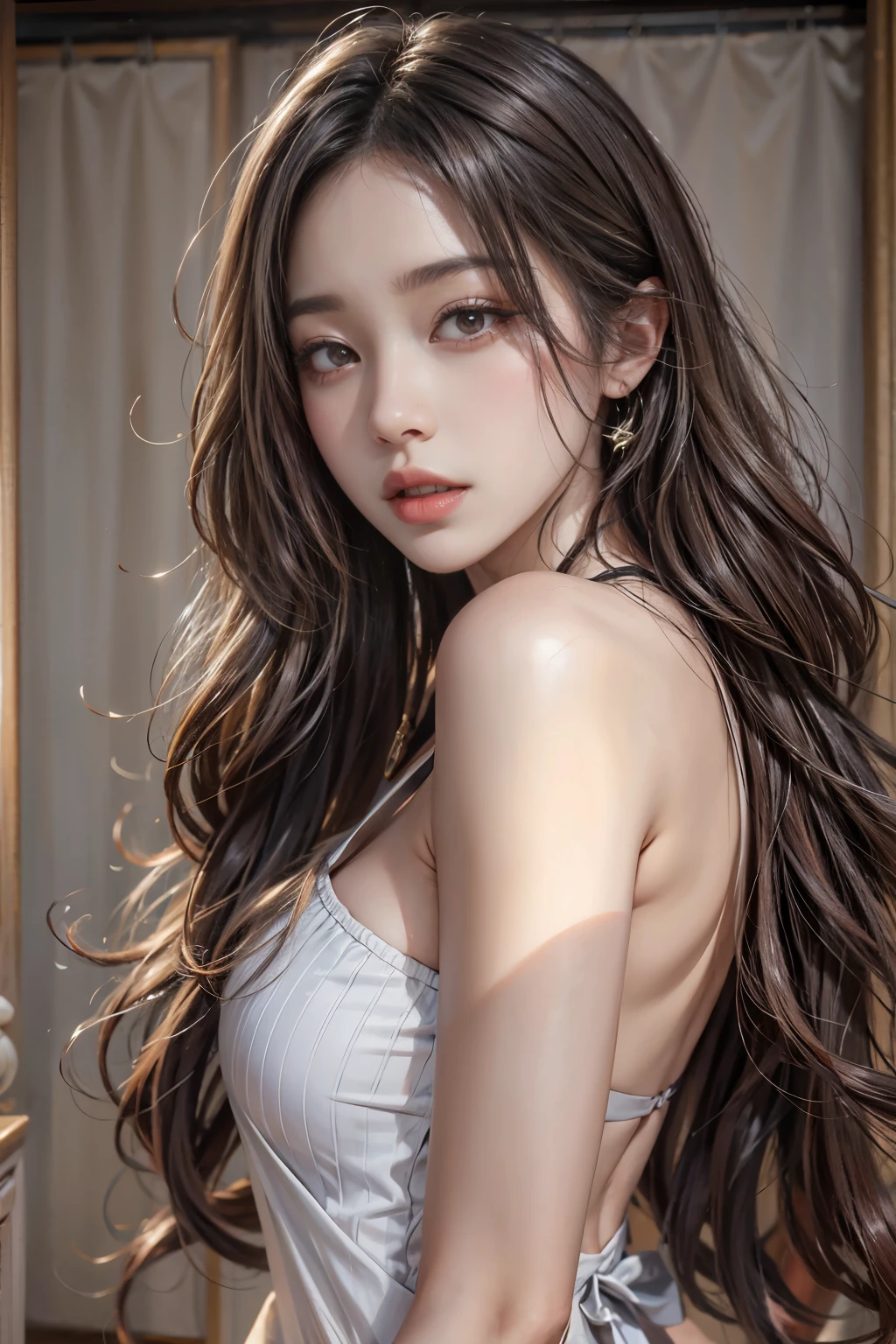 Realistic photos (one cute korean K-POP star) Straight long hair, light makeup, huge firm bouncing bust, Long dress, close, Canon EOS 8K high resolution captures facial features clearly, Sharp details, Realistically, private sweet room, dynamic sexy poses