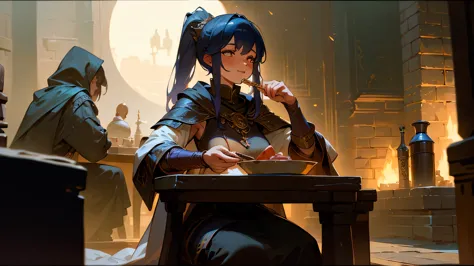 adventurers eating in front of the fireplace、while chatting、delicious meat dishes and cups on the table、adventurer sitting on a ...