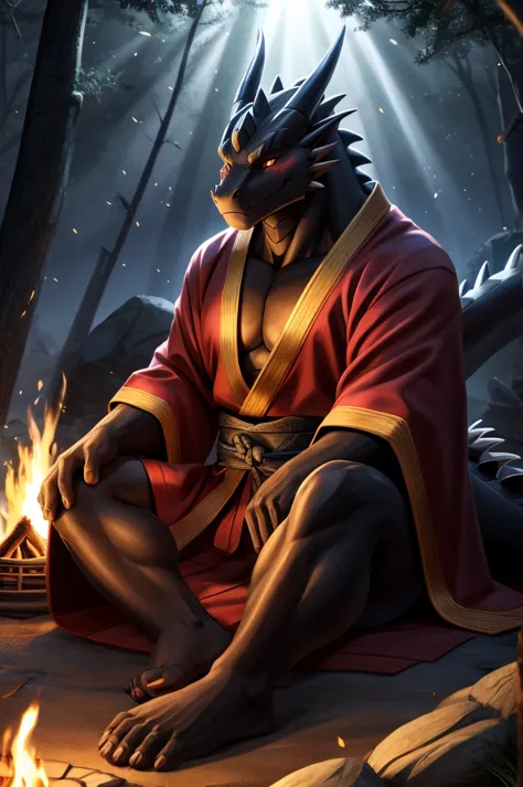 alone, kemono, (dragon), humanity, male, ((black body)), scale, oriental,tail,muscle, good looking,maroon japanese kimono ,samur...