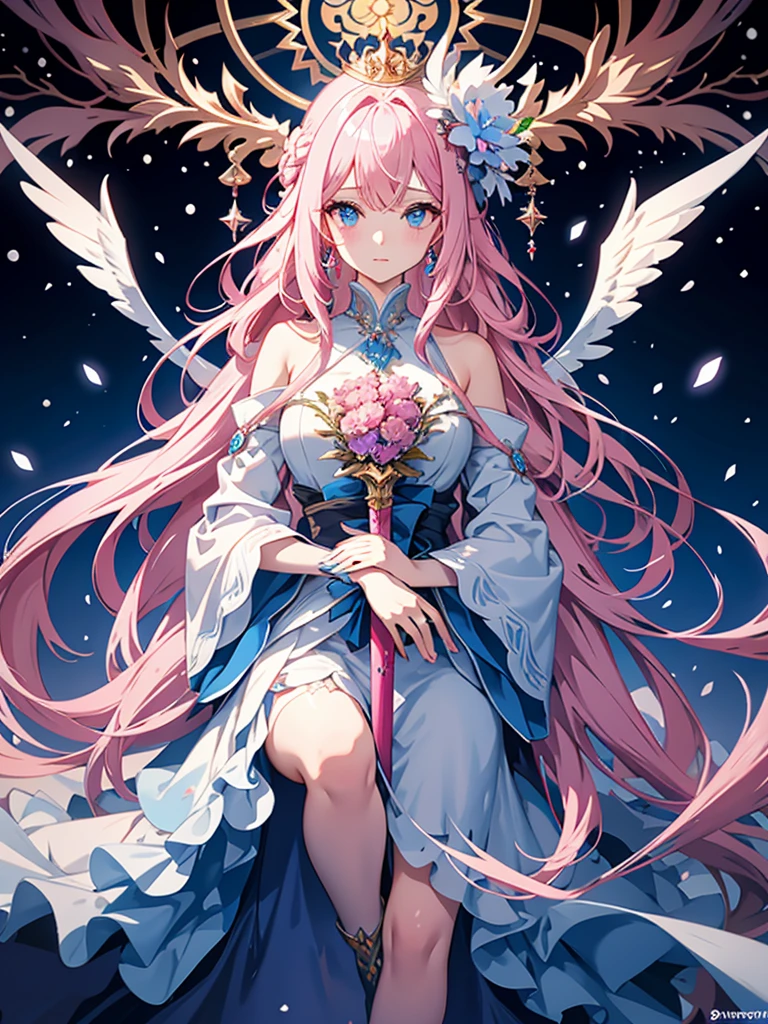 in a world of  and snow，a  queen，She has pink and blue wavy hair and eyes，There are huge phoenix blue wings on the back，conservativelydressed，The gaze is cold，one hand holding sword（One man only）