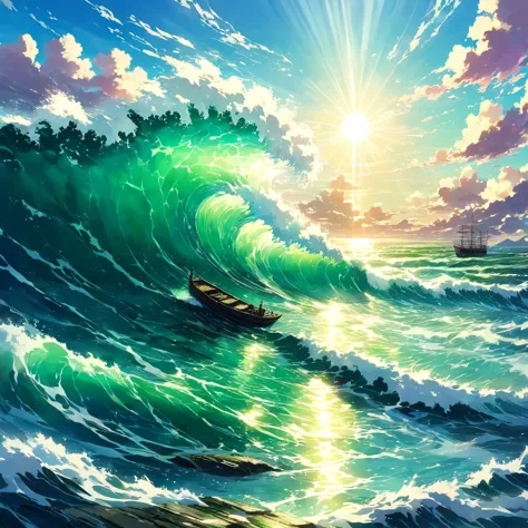 大Ocean原, Ocean, Wave, Swirl, green, blue, 白Wave, Powerful, dynamic, Ocean鳥, null, cloud, sun, Light, reflection, Boat, track, na...