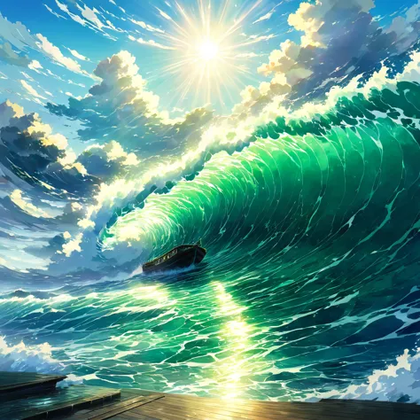 大Ocean原, Ocean, Wave, Swirl, green, blue, 白Wave, Powerful, dynamic, Ocean鳥, null, cloud, sun, Light, reflection, Boat, track, na...