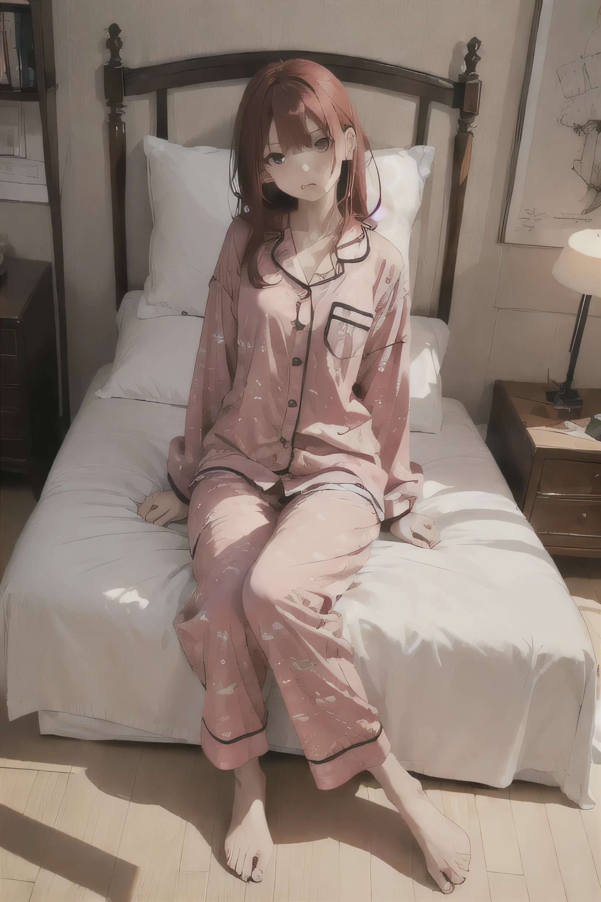 1 girl, Redhead, Red eyes, Impact, RAW Photos, 8k, masterpiece,pajamas、bed、Are sleeping、dim