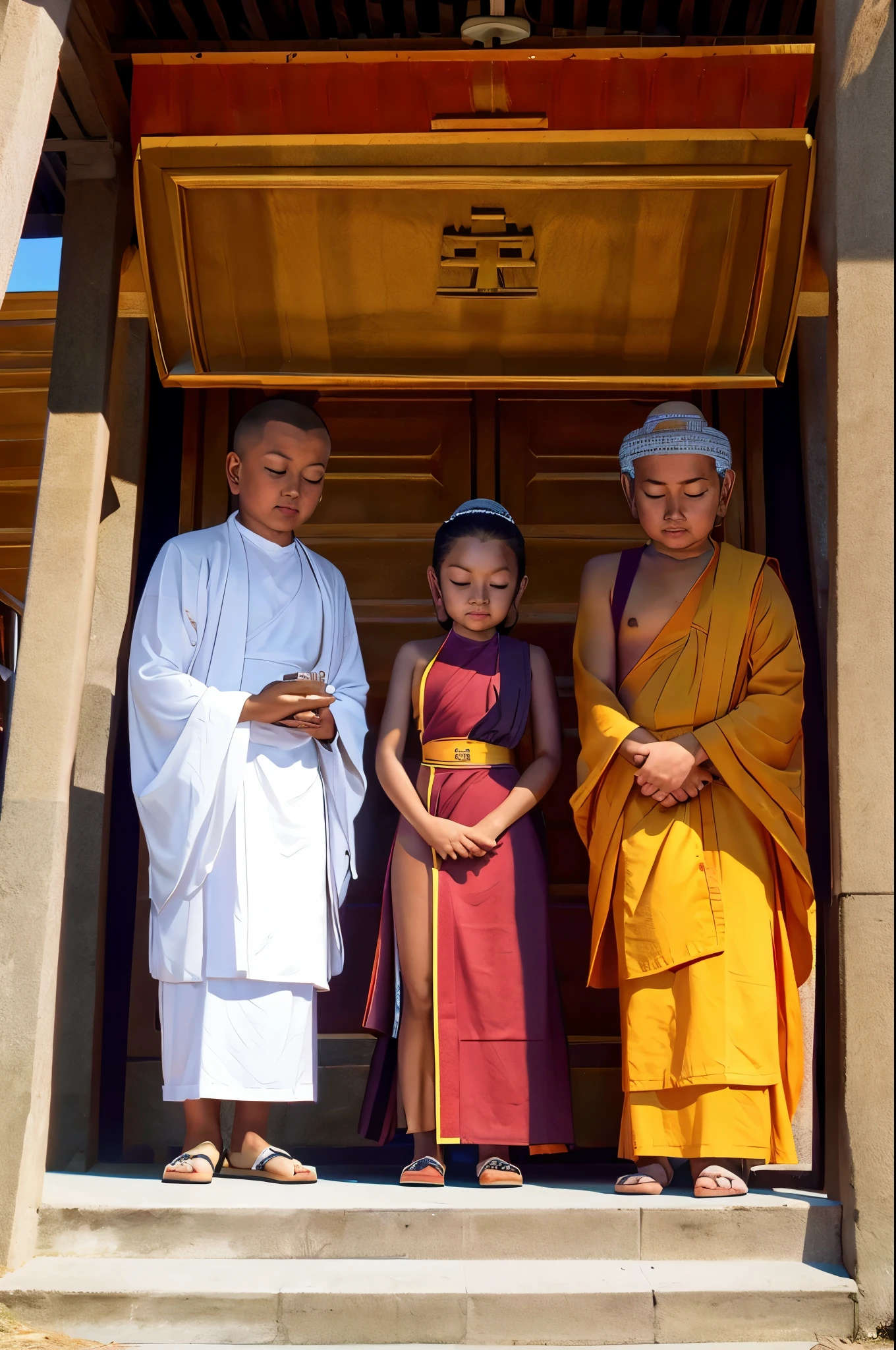 painting of a man standing on a bench with a woman standing on a man, buddhism, buddhist, buddhist art, the buddha, on the path to enlightenment, on path to enlightenment, hindu stages of meditation, buddha, buddhist monk meditating, beautiful depiction, spiritual enlightenment, by John La Gatta, praying meditating, monk meditate, karma sutra, Skin should look healthy,serene scene