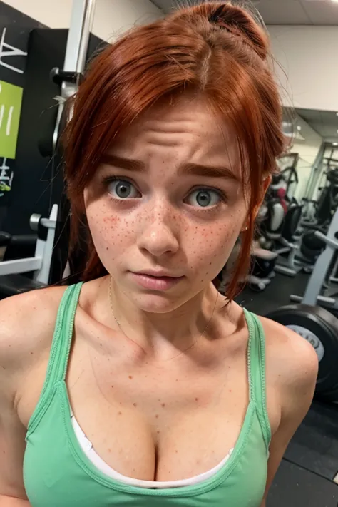 A worried looking 18yo irish girl at the gym. Cleavage. Freckles.  Red hair. Close up