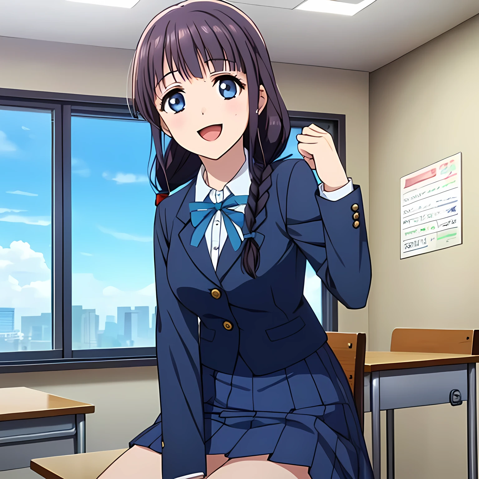 (highest quality, masterpiece:1.2), highest quality, High resolution, 1080p, 8K, Height: 158cm, Anime-style CG, ((A beautiful girl game heroine sits on a chair in a school classroom and places her hands on the desk、Looking up at the viewer next to him with a smile)), A face that everyone loves, Glossy lips, Even bangs, Double, Long eyelashes on both the top and bottom, Smiling blue eyes, The very large red shiny wide ribbon bowtie is very cute., ((Black Hair)), ((long twin braids)), (((A long, neat, checkered pleated skirt with dark navy blue checks.))), (((Dark blue winter long sleeve blazer))), How to wear a neat uniform, Smiling, slightly open mouth like a game heroine, Ribbon in hair, Tight waist, The ribbon is big and very pretty., Side shot of the girl sitting next to me