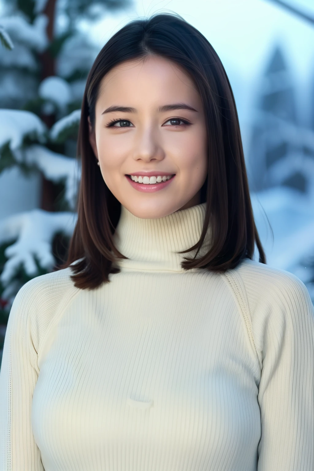 One girl,(Wearing a turtleneck sweater),(Winter jackets),(RAW Photos, highest quality), (Realistic, photo-Realistic:1.4), masterpiece, Very delicate and beautiful, Very detailed, 2k wallpaper, wonderful, In detail, Very detailed CG unity 8k wallpaper, Super detailed, High resolution, Soft Light, Beautiful detailed girl, Very detailed eyes and face, Beautifully detailed nose, Beautiful fine details,Cinema Lighting,Snow Scene,Ski Resorts,fireplace,Christmas tree,Christmas decorations,Snow Mountain,Perfect Anatomy,Slender body,smile、(((Big Breasts)))