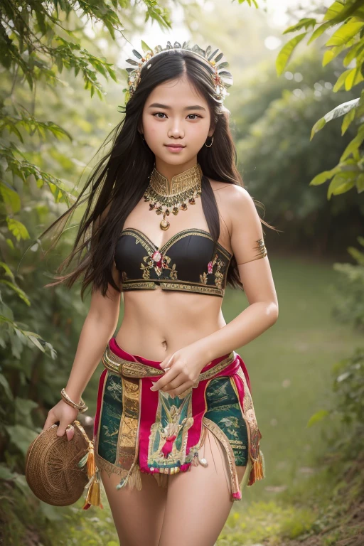 16 years old Indonesian young girl long black hair pretty face beautiful breast white skin, Wearing strapless Sleeveless Dayak traditional clothing complete with bird feather decoration on the head dancing in grass field, (high quality), (masterpiece), (detailed), 8K, Hyper-realistic, Bokeh, Full-Body Portrait, (Incredibly beautiful nature background:1.6), dynamic pose