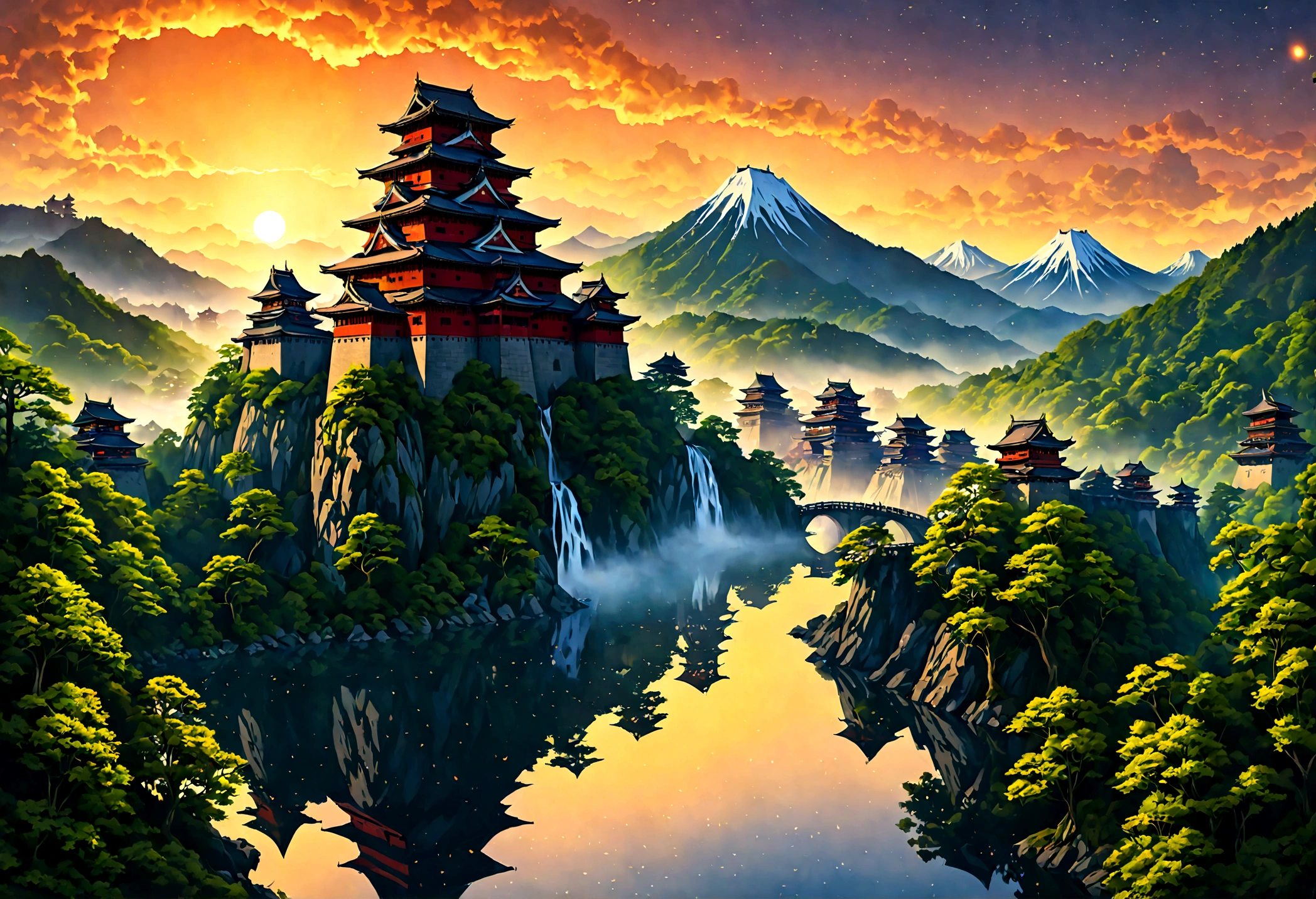 an award winning picture, National Geographic style, Arafed, magnificent artistic picture of a (Japanese medieval castle: 1.4) (masterpiece, best detailed: 1.4)on a mountain range near a lake at dusk, fantasy art D&D art, castle, with towers, turrets, barbican, it is dusk time, the sun is going down, and there are stars in the skies, the last rays of sun, there is a ((bridge lit by torches: 1.4)) crossing to the other side, the castle is being reflected in the water, mist rising from the water, fantasy forest background, ultra best realistic, best details, 16k, [ultra detailed], masterpiece, best quality, (extremely detailed), photorealism, depth of field, hyper realistic painting, digital art