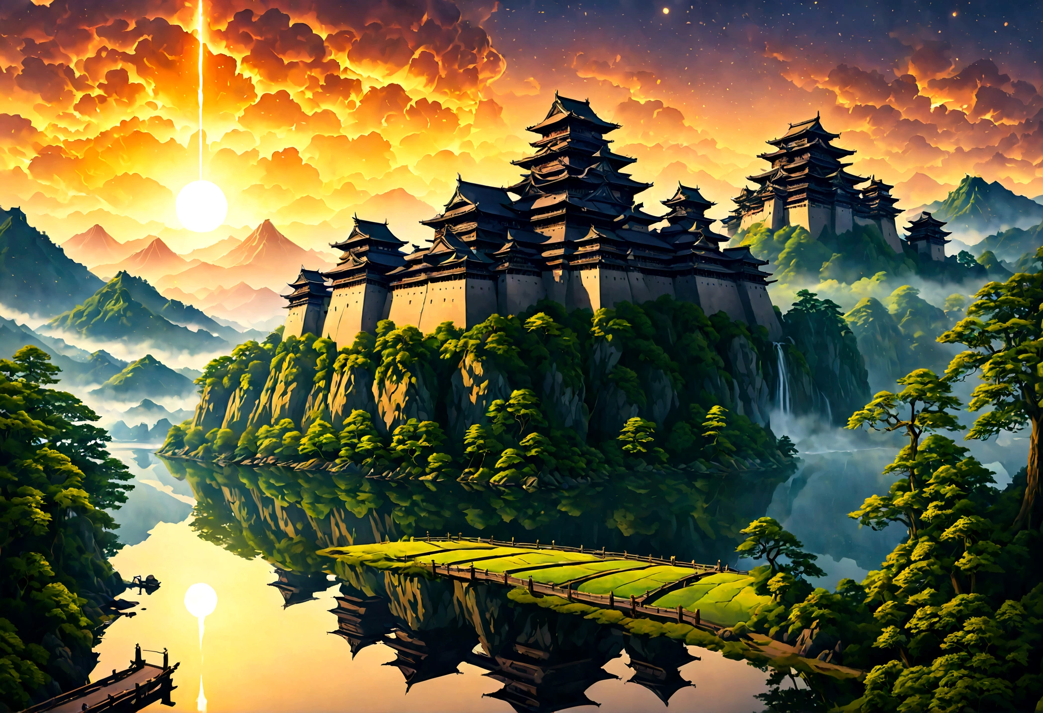 an award winning picture, National Geographic style, Arafed, magnificent artistic picture of a (Japanese medieval castle: 1.4) (masterpiece, best detailed: 1.4)on a mountain range near a lake at dusk, fantasy art D&D art, castle, with towers, turrets, barbican, it is dusk time, the sun is going down, and there are stars in the skies, the last rays of sun, there is a ((bridge lit by torches: 1.4)) crossing to the other side, the castle is being reflected in the water, mist rising from the water, fantasy forest background, ultra best realistic, best details, 16k, [ultra detailed], masterpiece, best quality, (extremely detailed), photorealism, depth of field, hyper realistic painting, digital art