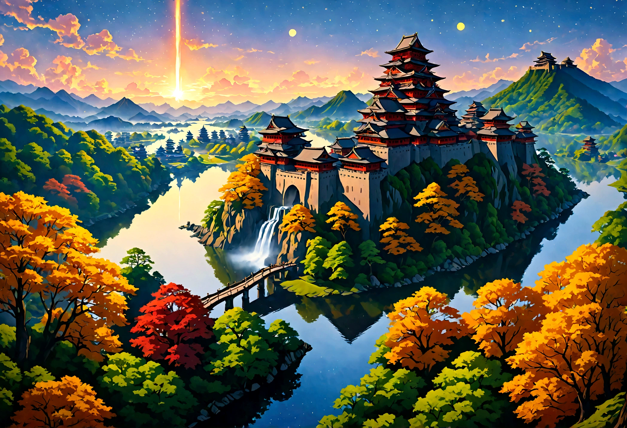 an award winning picture, National Geographic style, Arafed, magnificent artistic picture of a (Japanese medieval castle: 1.4) (masterpiece, best detailed: 1.4)on a mountain range near a lake at dusk, fantasy art D&D art, castle, with towers, turrets, barbican, it is dusk time, the sun is going down, and there are stars in the skies, the last rays of sun, there is a ((bridge lit by torches: 1.4)) crossing to the other side, the castle is being reflected in the water, mist rising from the water, fantasy forest background, ultra best realistic, best details, 16k, [ultra detailed], masterpiece, best quality, (extremely detailed), photorealism, depth of field, hyper realistic painting, digital art