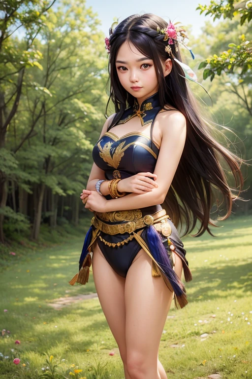 16 years old Chinese Indonesian young girl long black hair pretty face beautiful breast white skin, Wearing strapless Sleeveless Javanese traditional clothing complete with bird feather decoration on the head dancing with exposed armpits in grass field, (high quality), (masterpiece), (detailed), 8K, trending in ArtStation, Hyper-realistic, Bokeh, Full-Body Portrait, (Incredibly beautiful nature background:1.6), dynamic pose

