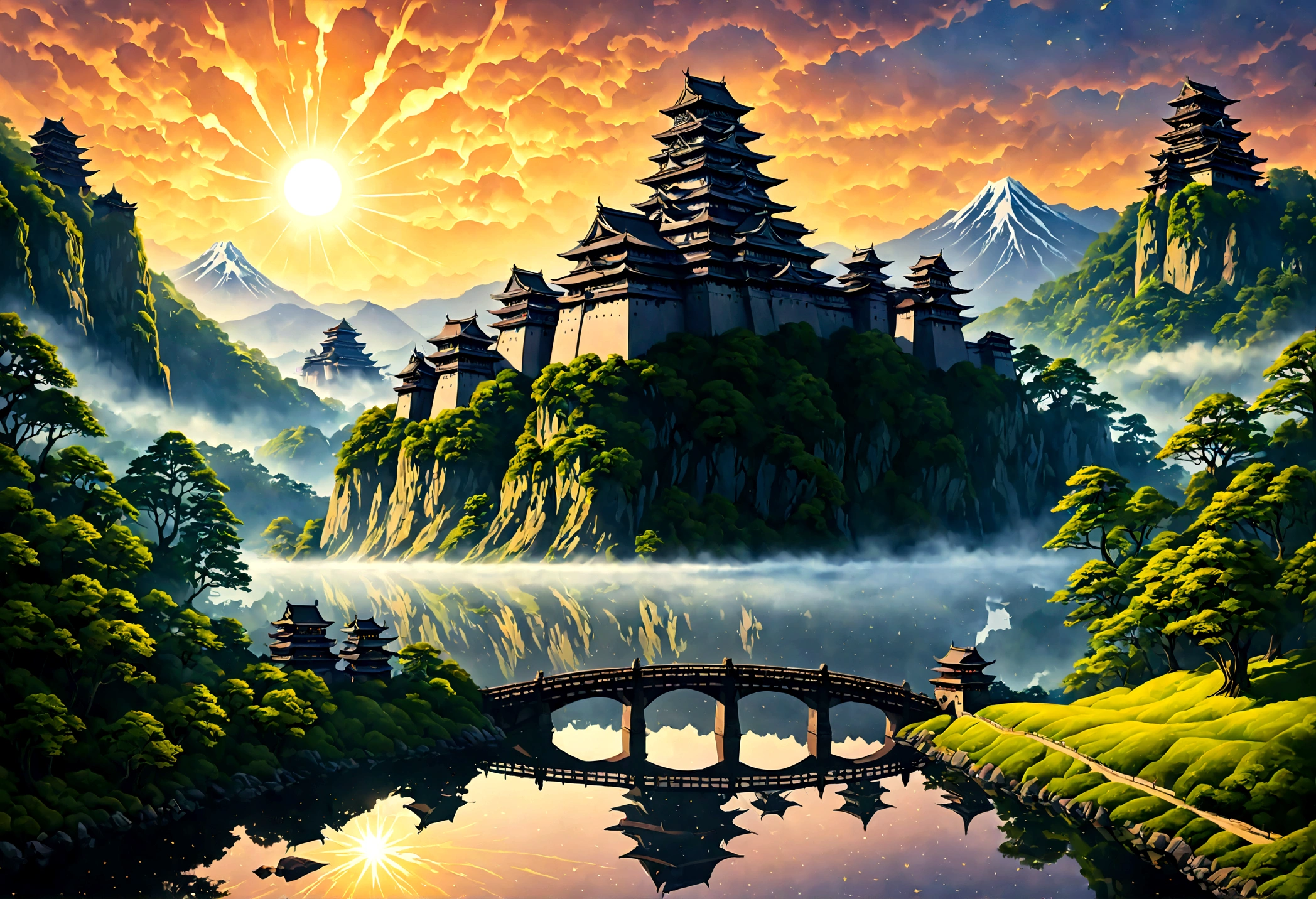 an award winning picture, National Geographic style, Arafed, magnificent artistic picture of a (Japanese medieval castle: 1.4) (masterpiece, best detailed: 1.4)on a mountain range near a lake at dusk, fantasy art D&D art, castle, with towers, turrets, barbican, it is dusk time, the sun is going down, and there are stars in the skies, the last rays of sun, there is a ((bridge lit by torches: 1.4)) crossing to the other side, the castle is being reflected in the water, mist rising from the water, fantasy forest background, ultra best realistic, best details, 16k, [ultra detailed], masterpiece, best quality, (extremely detailed), photorealism, depth of field, hyper realistic painting, Cinematic Hollywood Film style, digital art