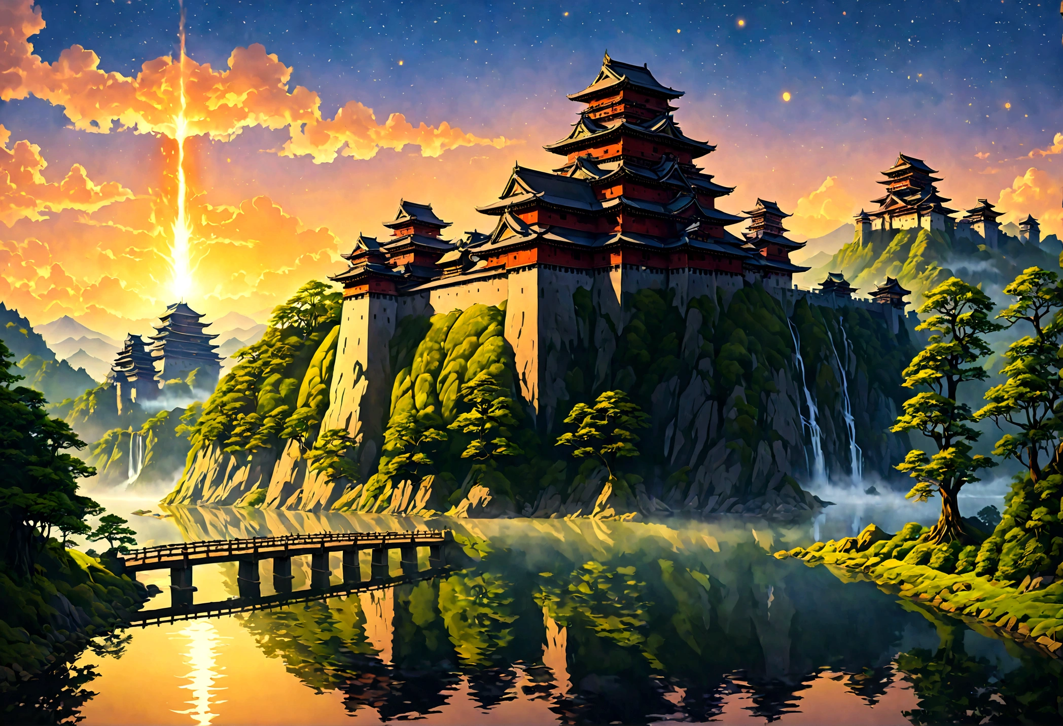 an award winning picture, National Geographic style, Arafed, magnificent artistic picture of a (Japanese medieval castle: 1.4) (masterpiece, best detailed: 1.4)on a mountain range near a lake at dusk, fantasy art D&D art, castle, with towers, turrets, barbican, it is dusk time, the sun is going down, and there are stars in the skies, the last rays of sun, there is a ((bridge lit by torches: 1.4)) crossing to the other side, the castle is being reflected in the water, mist rising from the water, fantasy forest background, ultra best realistic, best details, 16k, [ultra detailed], masterpiece, best quality, (extremely detailed), photorealism, depth of field, hyper realistic painting, Cinematic Hollywood Film style, digital art