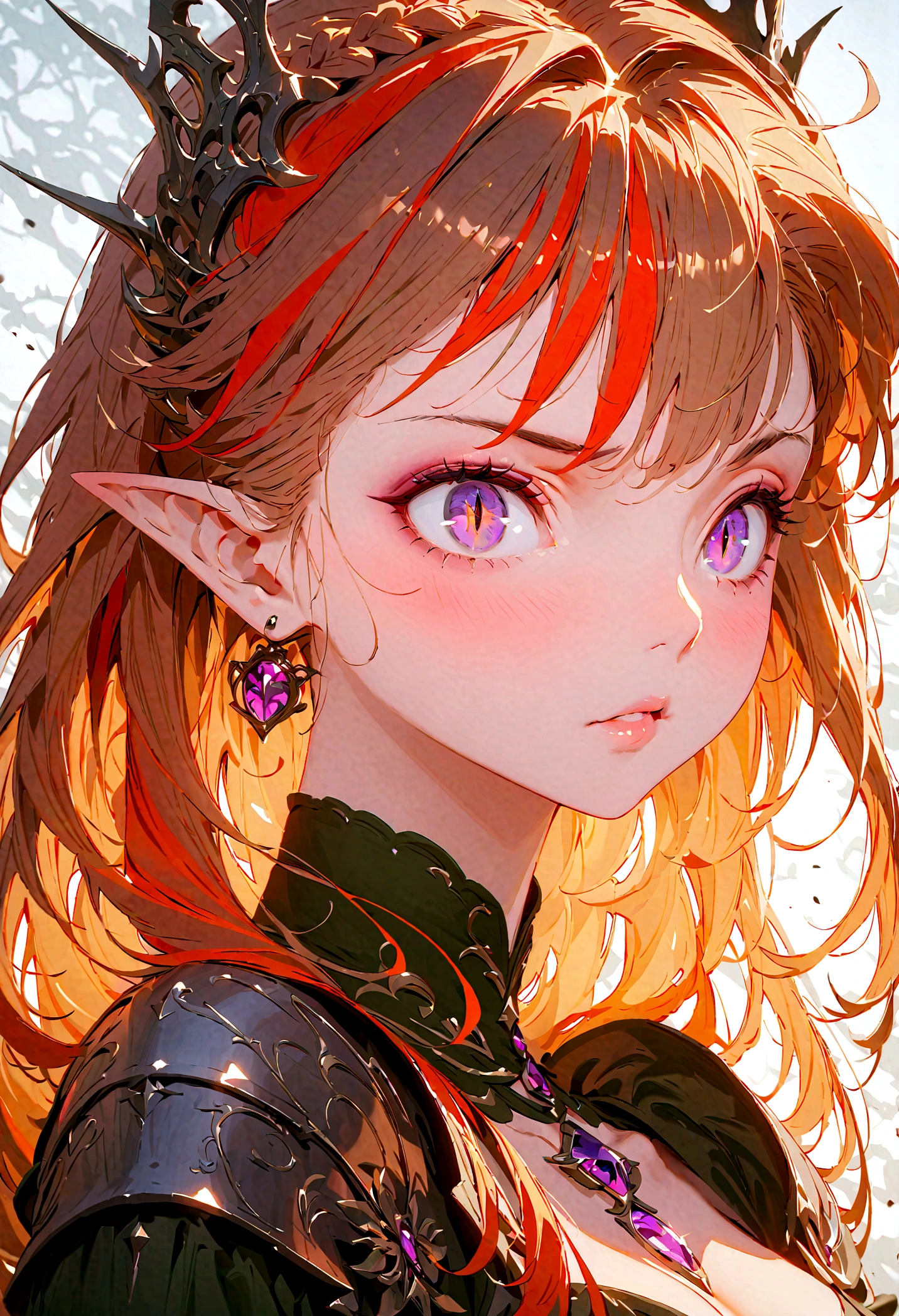 Brilliant colors,Beautiful woman in tight and elegant knight&#39;s armor with surreal details, Delicate and sharp eyes,close-up,atmospheric perspective,1girl,dragon girl,valkyrie,armored dress,large breasts,pointy ears,long hair,red hair,streaked hair,crown braid,purple eyes,slit pupils,tsurime,upturned eyes,evil,determined,best quality,Amazing,masterpiece,ultra detailed,8K,cool,sharp focus,