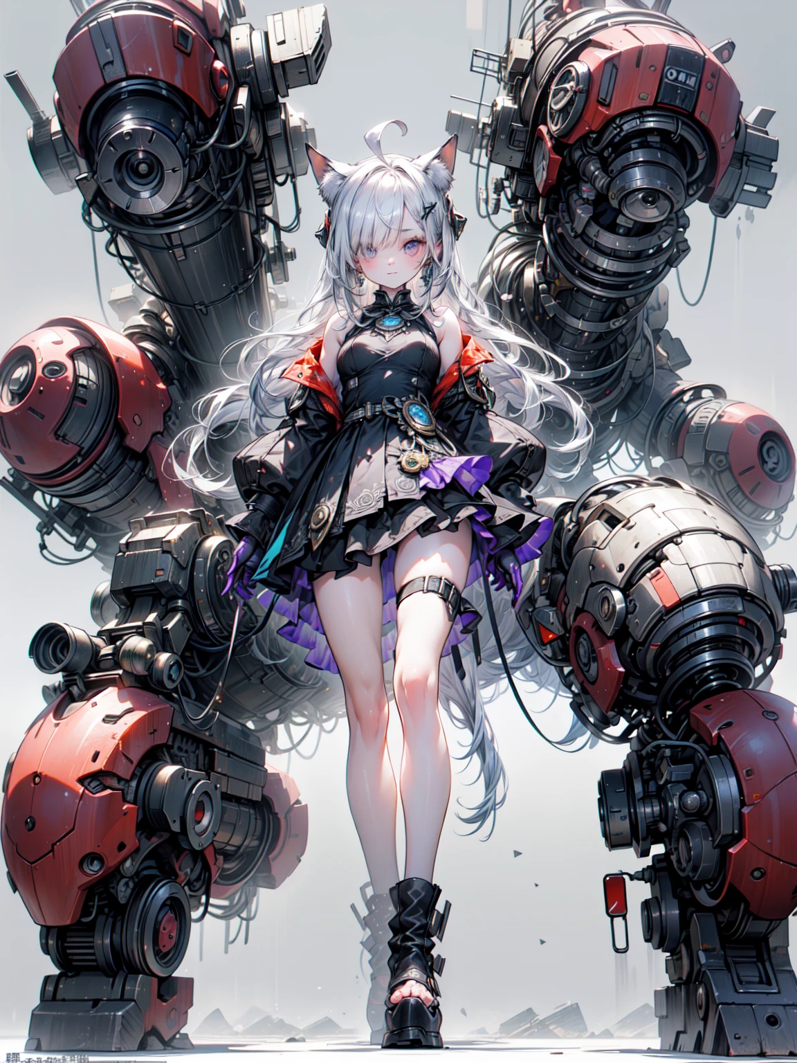 (((masterpiece, highest quality, Very detailed))), ((Ultra-Photorealistic 3D)), Cyborg girl with complex machinery, Skeleton, Dynamic combat action poses, Off-the-shoulder fashion that combines steampunk and gothic lolita with attention to detail, Intricate steampunk headgear, very thin and long legs, Complex mechanical boots that reach above the knee, Fluttering lace flared mini skirt, Beautiful small breasts directed upwards, A fairly long vertical curve, (((( Very detailedな顔))), Small, thin nose, A small, thin-lipped mouth, (((Extremely sharply focused eyes))), Her very large slitted, precise pale grey eyes sparkle like jewels.. 非常に長いeyelash, Silver hair swaying in the wind, Mandala pattern emits shining light, Many neon lights cross and scatter, Extremely complex giant mechanical weapon, Complex machine shop goes up in flames, Very dark night background, Very dramatic and cinematic lighting, (((Dramatically improved overall accuracy, creating a Very detailed and realistic image))), High resolution (High Dynamic Range), Ray Tracing, NVIDIA, Super Resolution, Unreal 5, Scattered beneath the surface, PBR Texturing, Post-processing, Anisotropic Filtering, Depth of written boundary, Maximum clarity and sharpness, Multilayer Texture, Albedo and Specular Maps, Surface Shading, Accurate simulation of light and material interactions, Perfect balance, Octane Rendering, Two-tone lighting, wide aperture, Low ISO, White balance, Three-part method, 16K RAW, Blake、（Dark Elf), (1 girl), alone, Perfect Face, Get used to it, Ahoge, ((Long Hair:1.2)), (Hair above one eye:1.3), [[Messy Hair]], Shiny blonde white hair, Purple eyes, Variegated eyes, Colorful Hair, Shining Eyes, (eyelash, eye shadow, pink eye shadow), bright, smile, design art by Mikimoto Haruhiko, by Kawashi, by Yoshitaka Amano