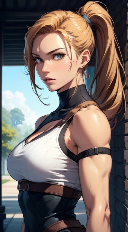 a drawing of a female lara croft,long plaited ponytail(pink skintone:0.9), muscular body, feminine, huge upper body, wide shoulders, veins, beautiful face, full lips, slim face, high cheekbones, muscular, pale blue top, in the art style of mohrbacher, in style of peter mohrbacher