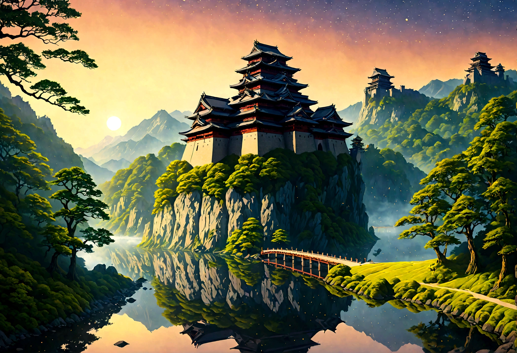 an award winning picture, National Geographic style, Arafed, magnificent artistic picture of a (Japanese medieval castle: 1.4) (masterpiece, best detailed: 1.4)on a mountain range near a lake at dusk, fantasy art D&D art, castle, with towers, turrets, barbican, it is dusk time, the sun is going down, and there are stars in the skies, the last rays of sun, there is a ((bridge lit by torches: 1.4)) crossing to the other side, the castle is being reflected in the water, mist rising from the water, fantasy forest background, ultra best realistic, best details, 16k, [ultra detailed], masterpiece, best quality, (extremely detailed), photorealism, depth of field, hyper realistic painting, digital art