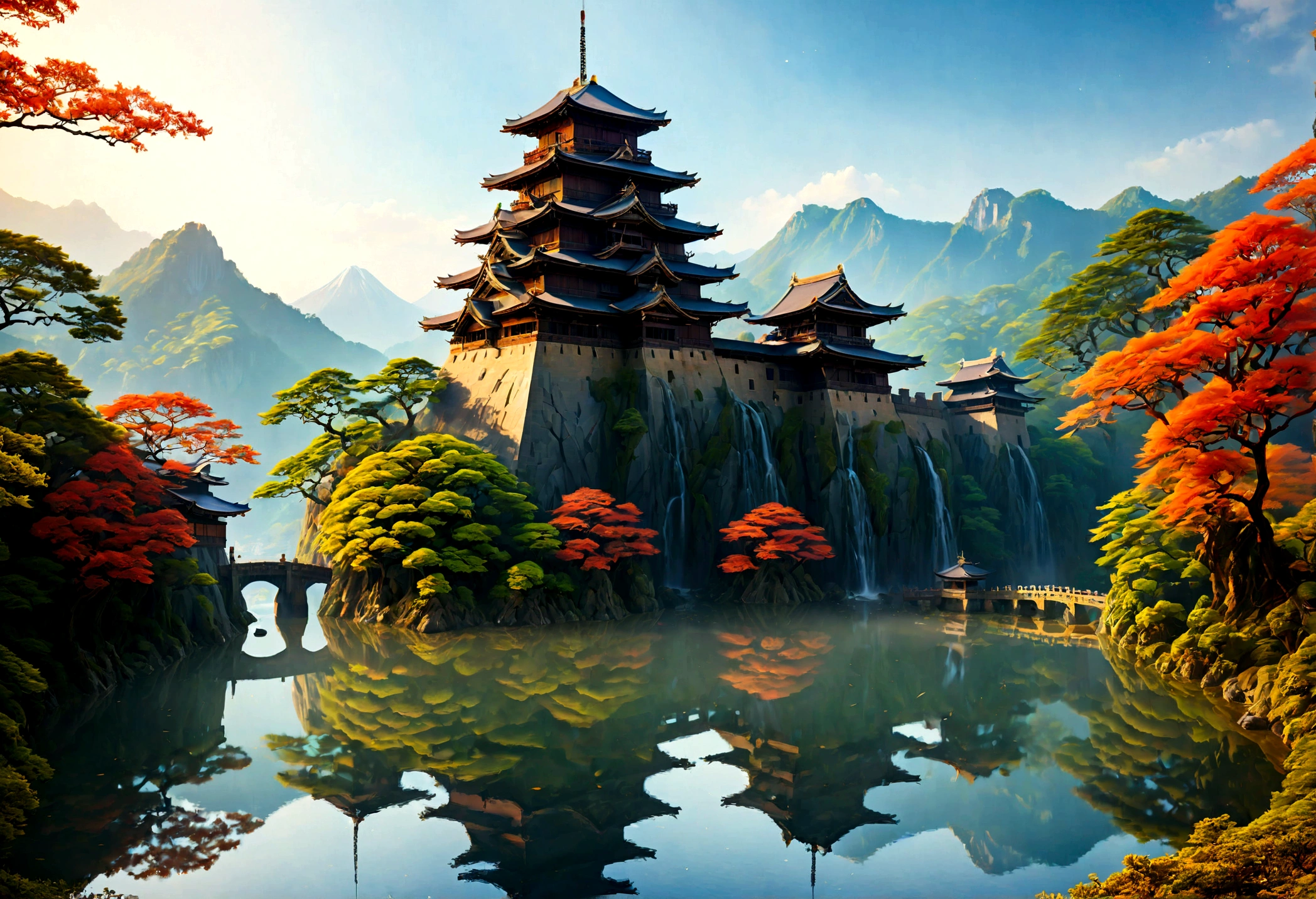 an award winning picture, National Geographic style, Arafed, magnificent artistic picture of a (Japanese medieval castle: 1.4) (masterpiece, best detailed: 1.4)on a mountain range near a lake at dusk, fantasy art D&D art, castle, with towers, turrets, barbican, it is dusk time, the sun is going down, and there are stars in the skies, the last rays of sun, there is a ((bridge lit by torches: 1.4)) crossing to the other side, the castle is being reflected in the water, mist rising from the water, fantasy forest background, ultra best realistic, best details, 16k, [ultra detailed], masterpiece, best quality, (extremely detailed), photorealism, depth of field, hyper realistic painting, digital art
