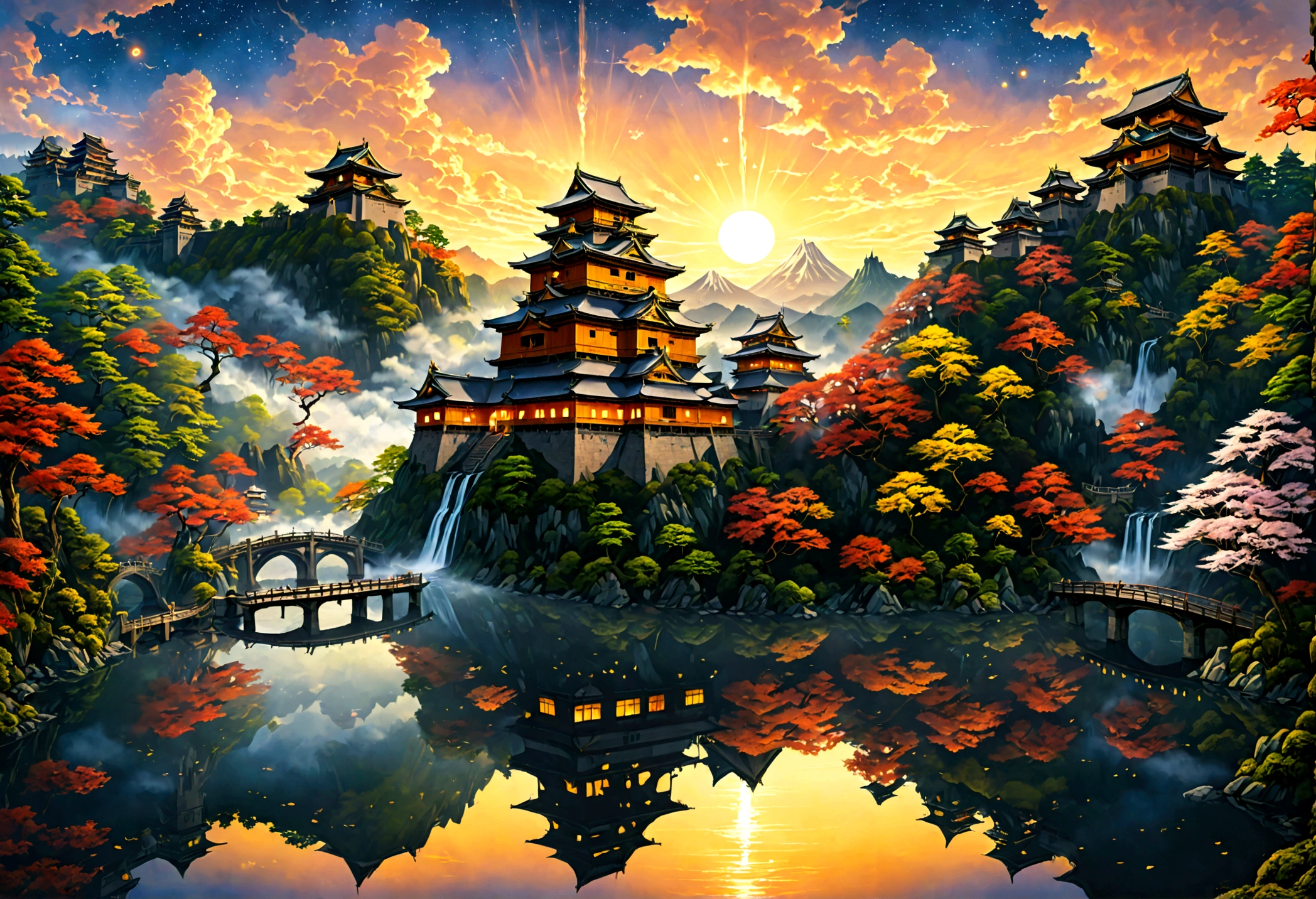 an award winning picture, National Geographic style, Arafed, magnificent artistic picture of a (Japanese medieval castle: 1.4) (masterpiece, best detailed: 1.4)on a mountain range near a lake at dusk, fantasy art D&D art, castle, with towers, turrets, barbican, it is dusk time, the sun is going down, and there are stars in the skies, the last rays of sun, there is a ((bridge lit by torches: 1.4)) crossing to the other side, the castle is being reflected in the water, mist rising from the water, fantasy forest background, ultra best realistic, best details, 16k, [ultra detailed], masterpiece, best quality, (extremely detailed), photorealism, depth of field, hyper realistic painting, digital art