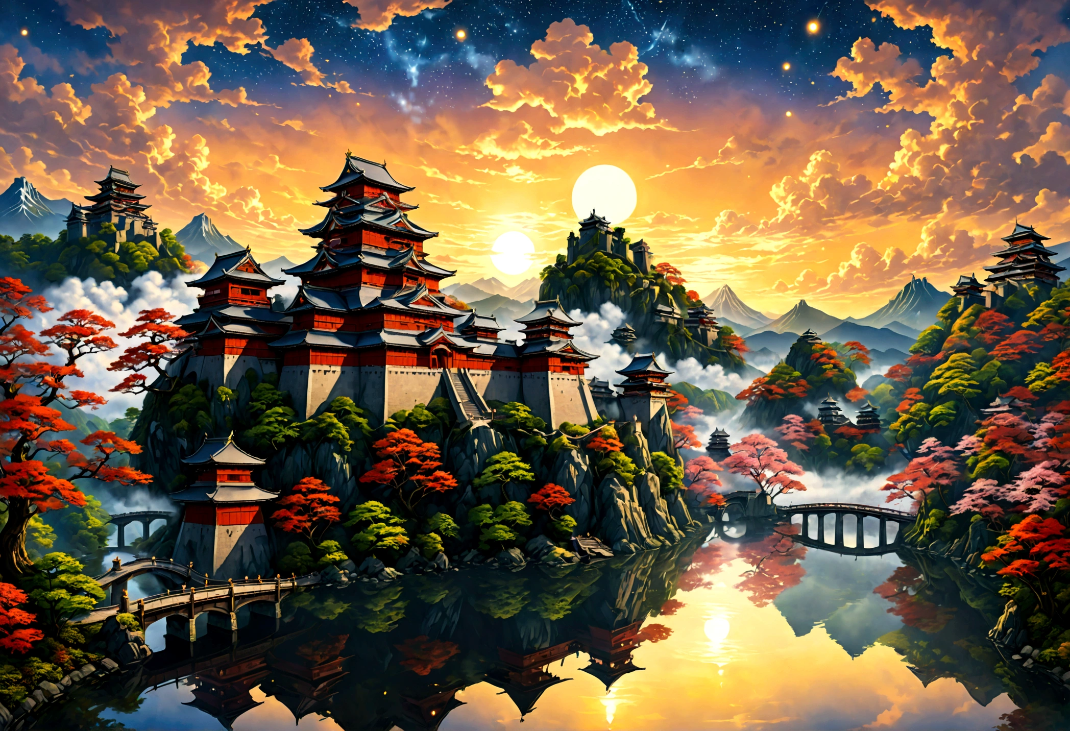 an award winning picture, National Geographic style, Arafed, magnificent artistic picture of a (Japanese medieval castle: 1.4) (masterpiece, best detailed: 1.4)on a mountain range near a lake at dusk, fantasy art D&D art, castle, with towers, turrets, barbican, it is dusk time, the sun is going down, and there are stars in the skies, the last rays of sun, there is a ((bridge lit by torches: 1.4)) crossing to the other side, the castle is being reflected in the water, mist rising from the water, fantasy forest background, ultra best realistic, best details, 16k, [ultra detailed], masterpiece, best quality, (extremely detailed), photorealism, depth of field, hyper realistic painting, digital art