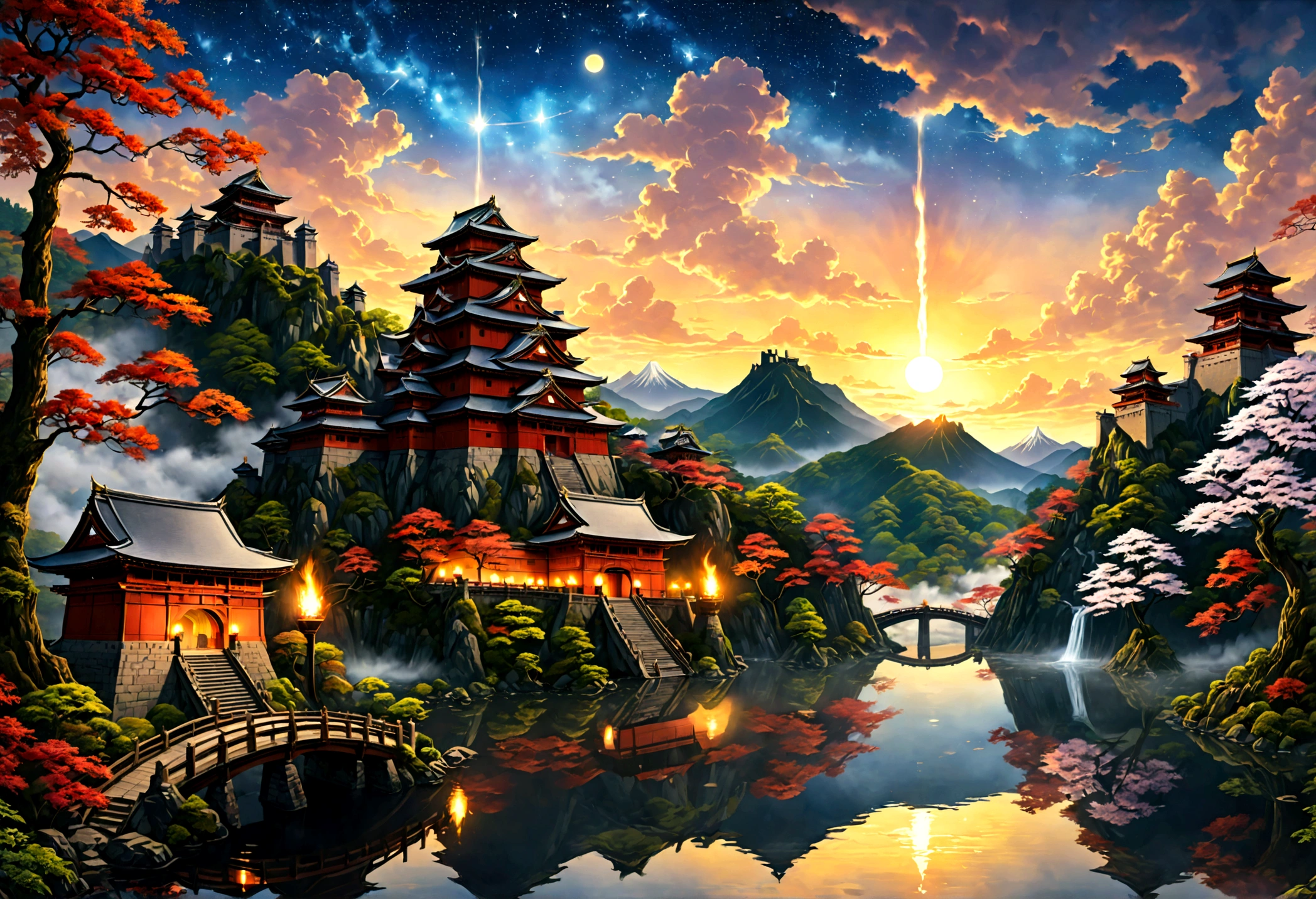 an award winning picture, National Geographic style, Arafed, magnificent artistic picture of a (Japanese medieval castle: 1.4) (masterpiece, best detailed: 1.4)on a mountain range near a lake at dusk, fantasy art D&D art, castle, with towers, turrets, barbican, it is dusk time, the sun is going down, and there are stars in the skies, the last rays of sun, there is a ((bridge lit by torches: 1.4)) crossing to the other side, the castle is being reflected in the water, mist rising from the water, fantasy forest background, ultra best realistic, best details, 16k, [ultra detailed], masterpiece, best quality, (extremely detailed), photorealism, depth of field, hyper realistic painting, digital art