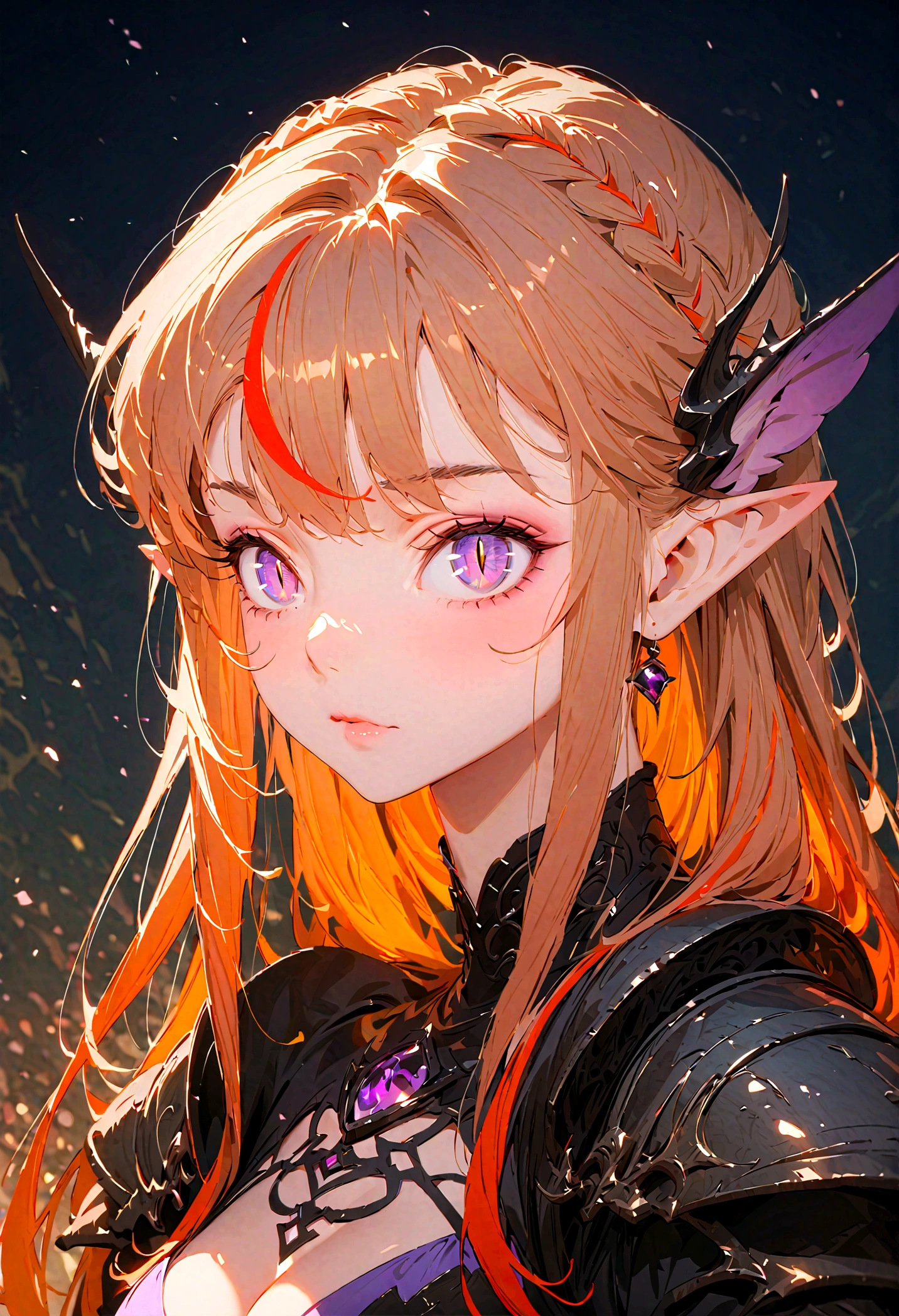 Brilliant colors,Beautiful woman in tight and elegant knight&#39;s armor with surreal details, Delicate and sharp eyes,close-up,atmospheric perspective,1girl,dragon girl,valkyrie,detailed armor,large breasts,pointy ears,long hair,red hair,streaked hair,crown braid,purple eyes,slit pupils,tsurime,upturned eyes,best quality,Amazing,masterpiece,ultra detailed,8K,cool,sharp focus,
