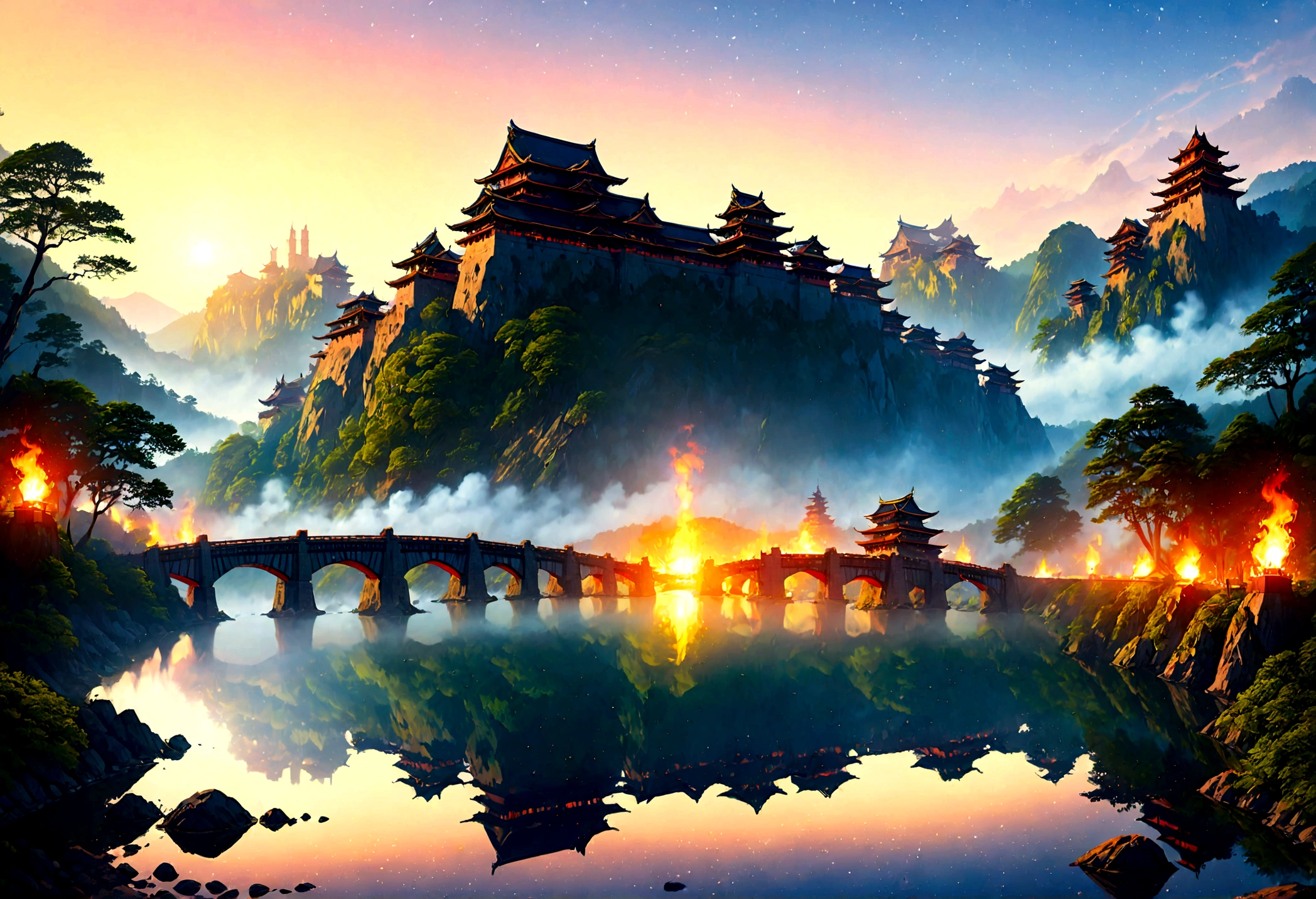 an award winning picture, National Geographic style, Arafed, magnificent artistic picture of a (Japanese medieval castle: 1.4) (masterpiece, best detailed: 1.4)on a mountain range near a lake at dusk, fantasy art D&D art, castle, with towers, turrets, barbican, it is dusk time, the sun is going down, and there are stars in the skies, the last rays of sun, there is a ((bridge lit by torches: 1.4)) crossing to the other side, the castle is being reflected in the water, mist rising from the water, fantasy forest background, ultra best realistic, best details, 16k, [ultra detailed], masterpiece, best quality, (extremely detailed), photorealism, depth of field, hyper realistic painting, digital art