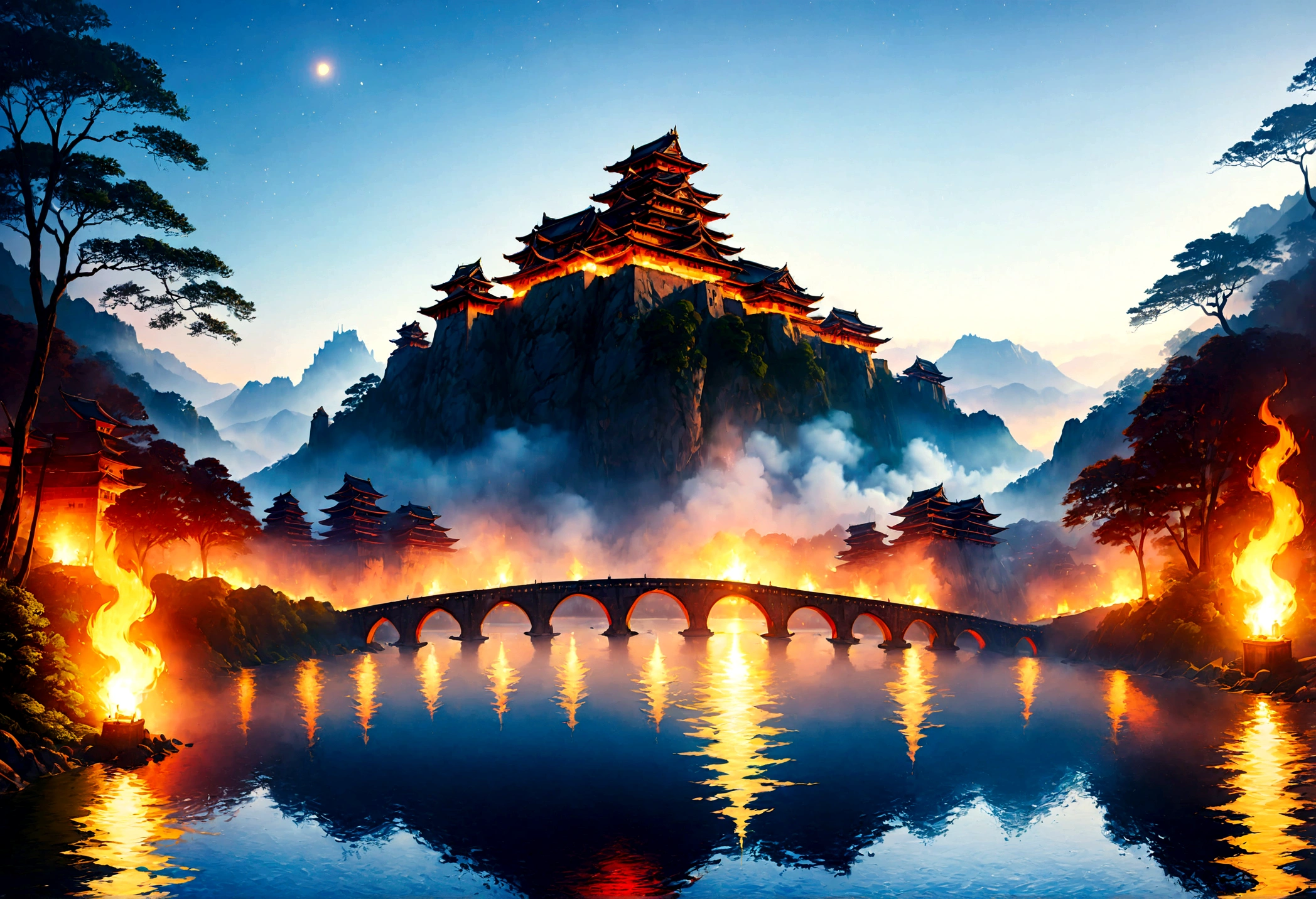 uma imagem premiada, estilo geográfico nacional, Arafed, magnífica imagem artística de um (Japanese medieval castelo: 1.4) (obra de arte, melhor detalhado: 1.4)em uma cordilheira perto de um lago ao entardecer, Arte da Fantasia D&Arte D, castelo, com torres, torres, barbacã, é hora do anoitecer, o sol está se pondo, e há estrelas nos céus, os últimos raios de sol, existe um ((ponte iluminada por tochas: 1.4)) atravessando para o outro lado, the castelo is being reflected in the water, névoa subindo da água, fundo de floresta de fantasia, ultra melhor realista, melhores detalhes, 16k, [ultra detalhado], obra de arte, melhor qualidade, (extremamente detalhado), fotorrealismo, profundidade de campo, pintura hiper realista, arte digital