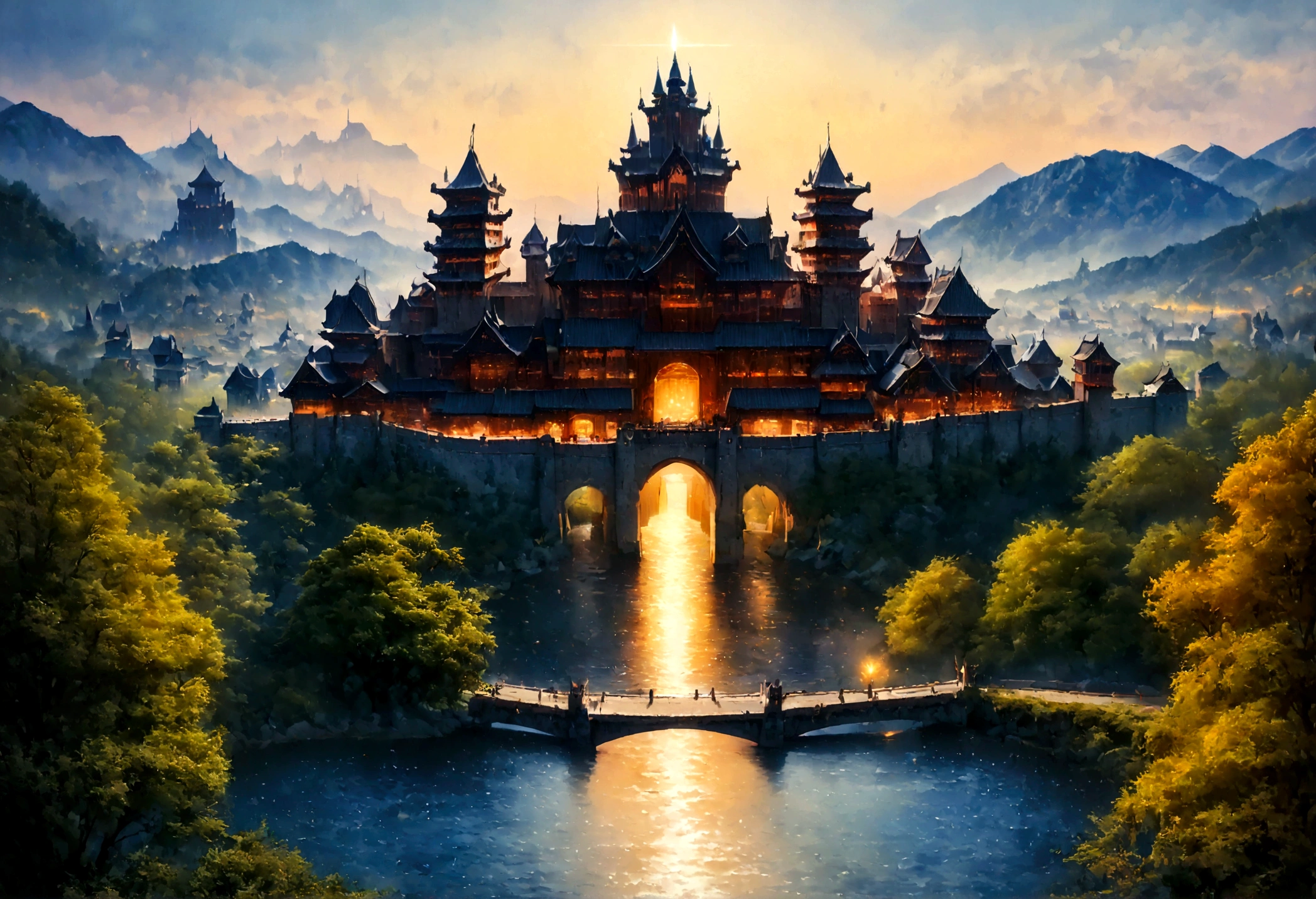 an award winning picture, National Geographic style, Arafed, magnificent artistic picture of a (Japanese medieval castle: 1.4) (masterpiece, best detailed: 1.4)on a mountain range near a lake at dusk, fantasy art D&D art, castle, with towers, turrets, barbican, it is dusk time, the sun is going down, and there are stars in the skies, the last rays of sun, there is a ((bridge lit by torches: 1.4)) crossing to the other side, the castle is being reflected in the water, mist rising from the water, fantasy forest background, ultra best realistic, best details, 16k, [ultra detailed], masterpiece, best quality, (extremely detailed), photorealism, depth of field, hyper realistic painting, digital art