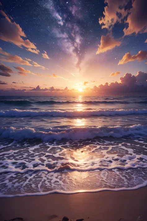 sunset beach, night sky, photo real, beautiful sky, beautiful sea, high detailed, high quality, masterpiece,