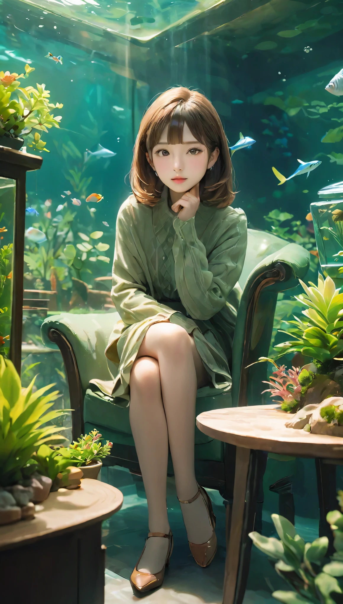 Portraiture、Miniature photo style、One Girl、Focus on the girl、Brown Hair、Shortcuts、(((Large Aquarium、Aquarium)))、Foliage plant、succulent plants、Beautifully laid out、完璧にBlurred Background、Well-coordinated room、Sitting in a chair、highest quality、Best image quality、Ultra-high resolution、Very detailed、８ｋ、Cinema Lighting、Professional Photographer、Miniature、Blurred Background、