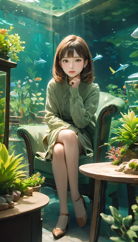 portraiture、miniature photo style、one girl、focus on the girl、brown hair、shortcuts、(((large aquarium、aquarium)))、foliage plant、su...